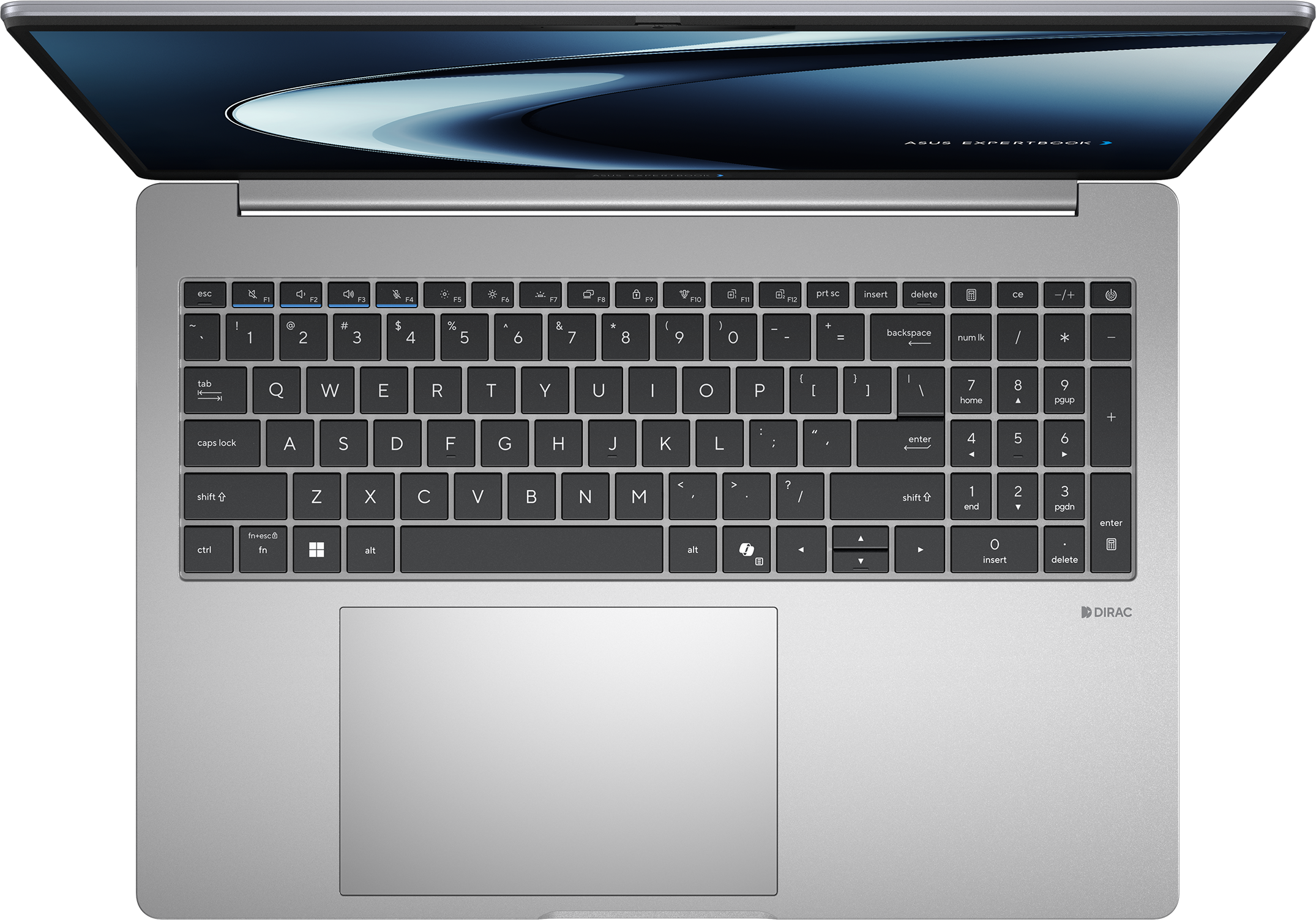 Vue de dessus d'un ordinateur portable ASUS Expertbook argenté ouvert, clavier et pavé tactile.