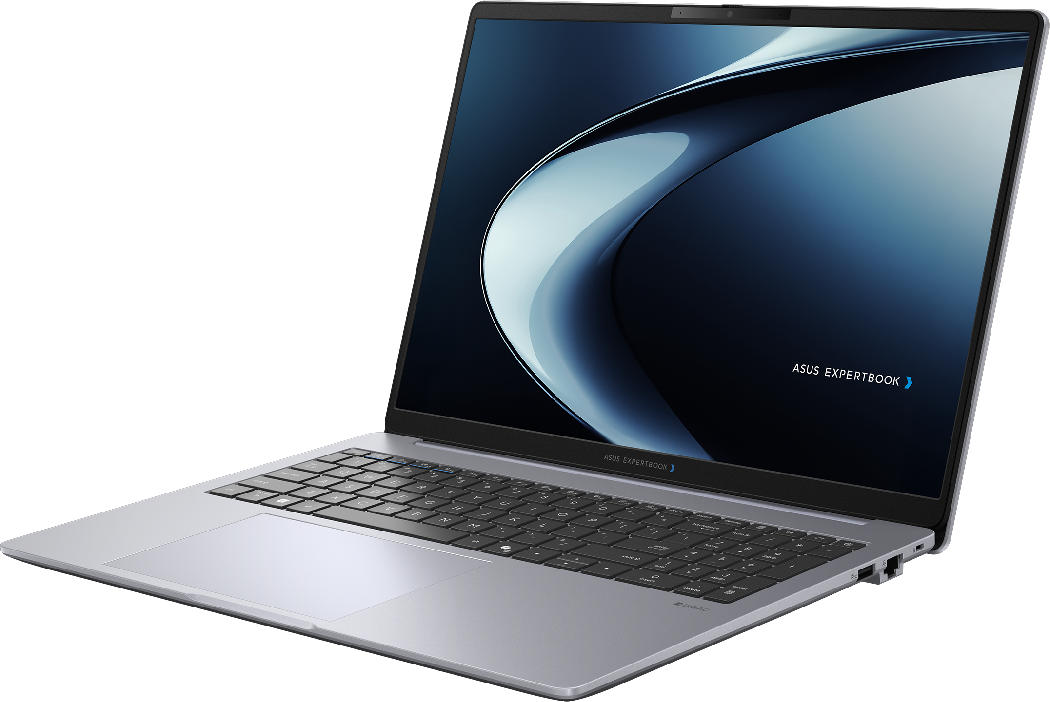 Un ordinateur portable ASUS Expertbook argenté est ouvert, affichant un fond d'écran abstrait bleu.
