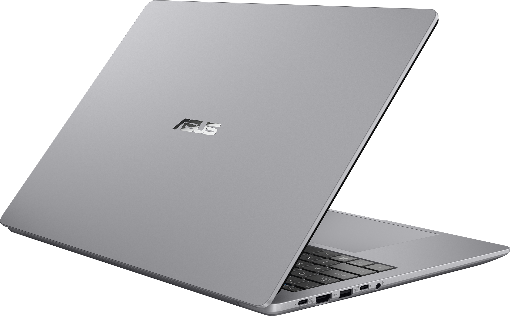 Un ordinateur portable Asus argenté, écran ouvert, révélant le clavier.