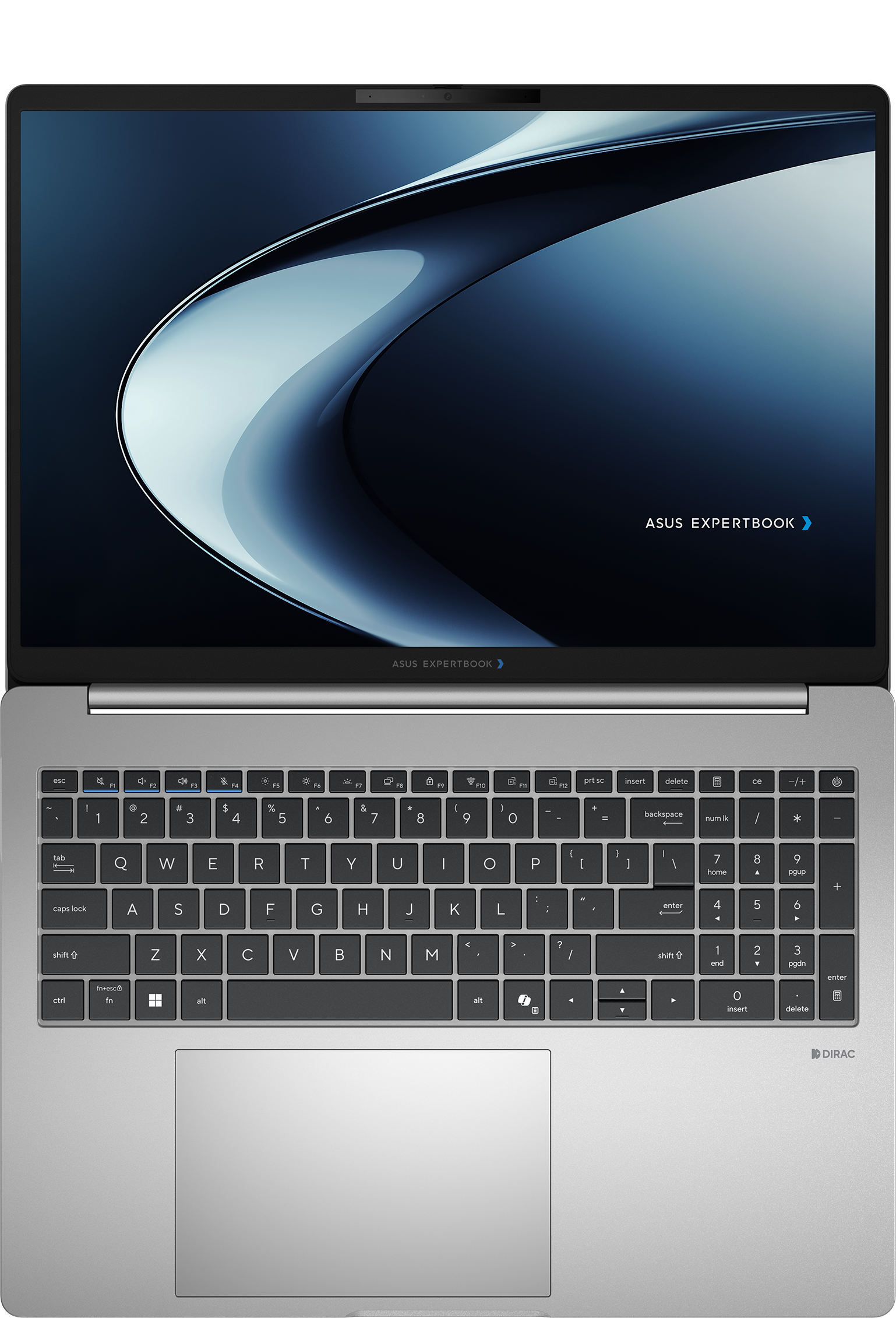 Un ordinateur portable argenté ouvert avec un fond abstrait sombre et un clavier.