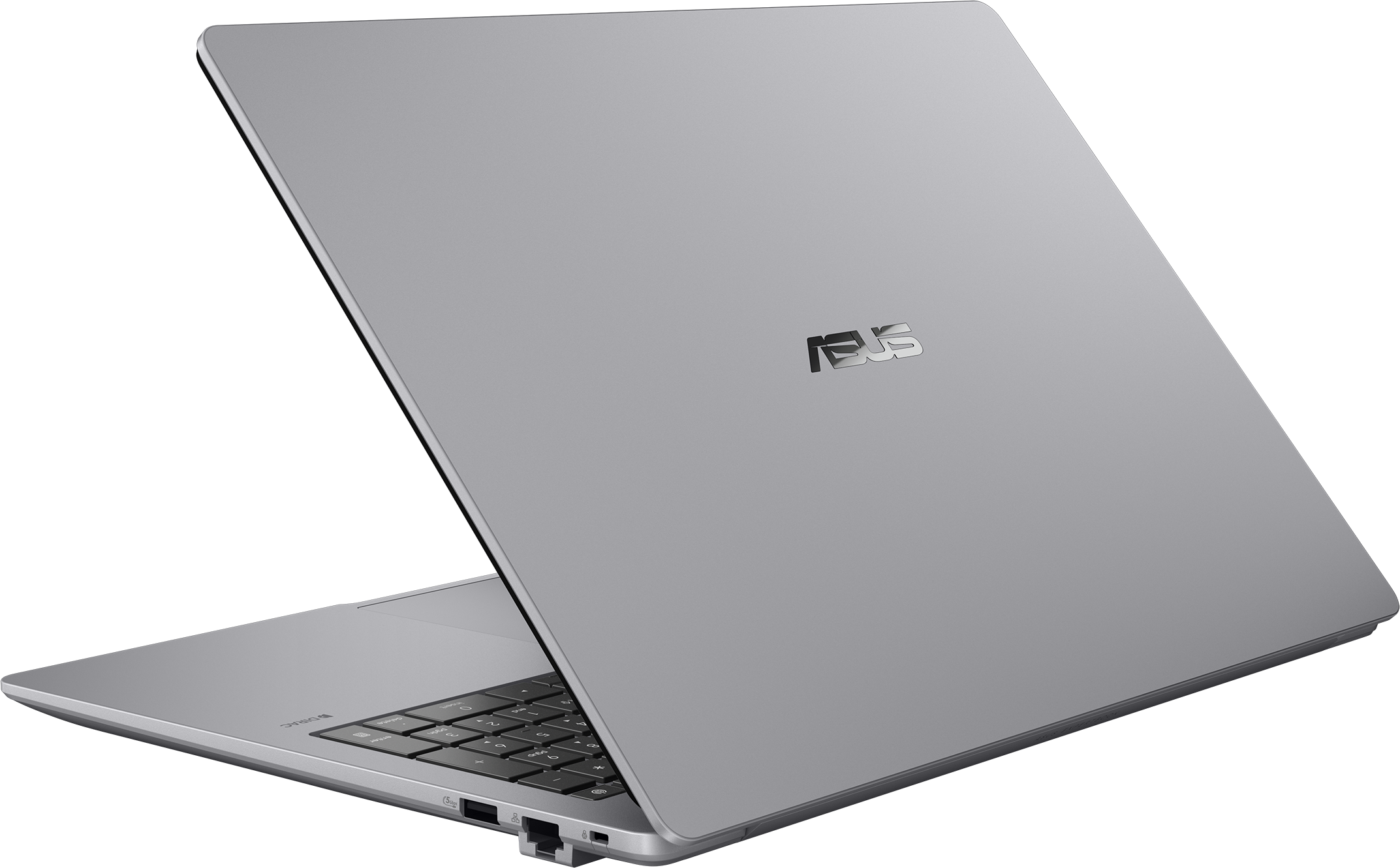 Un ordinateur portable Asus argenté est ouvert, révélant le clavier et les ports.