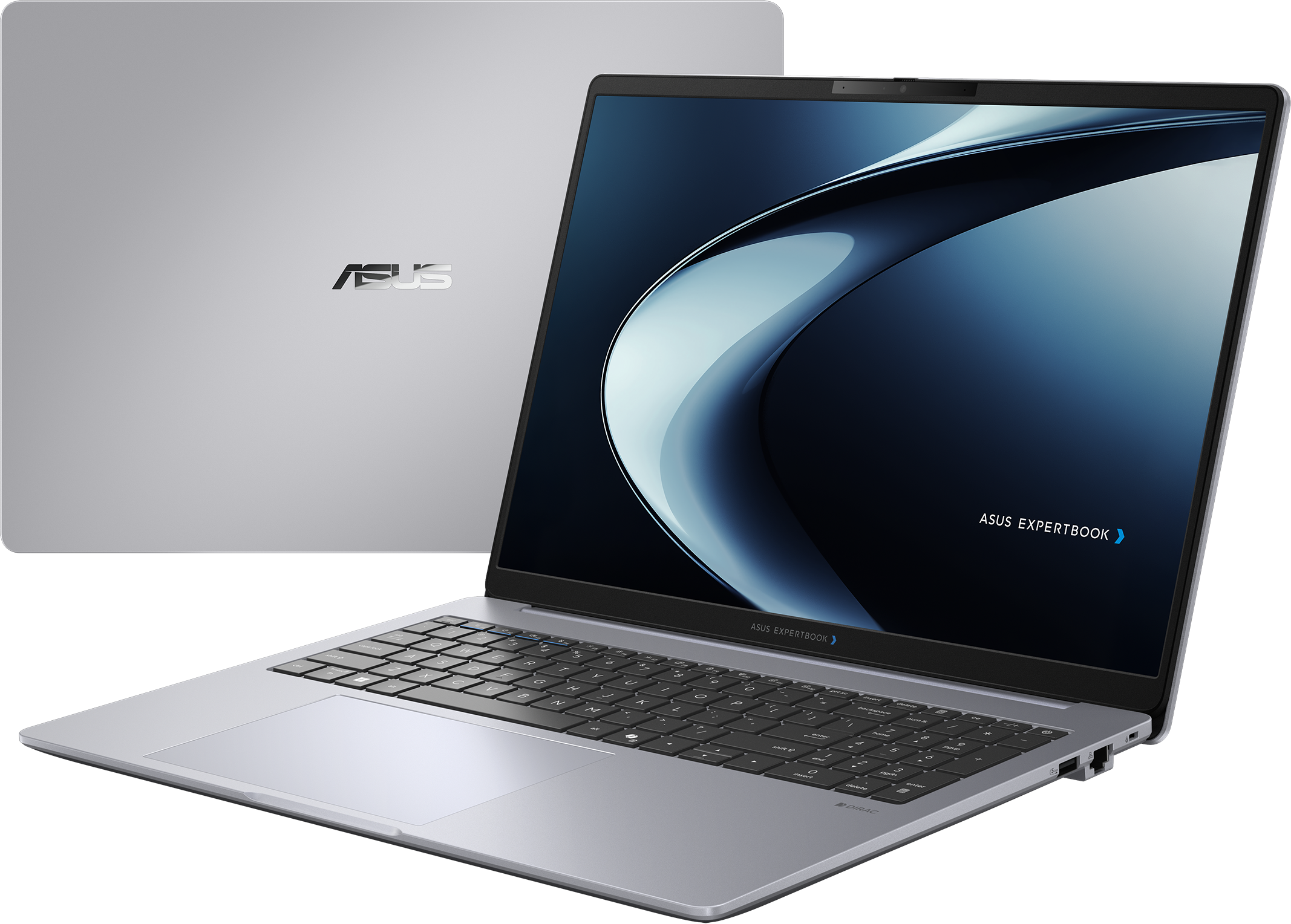Un ordinateur portable Asus Expertbook argenté est ouvert, affichant clavier et touchpad.
