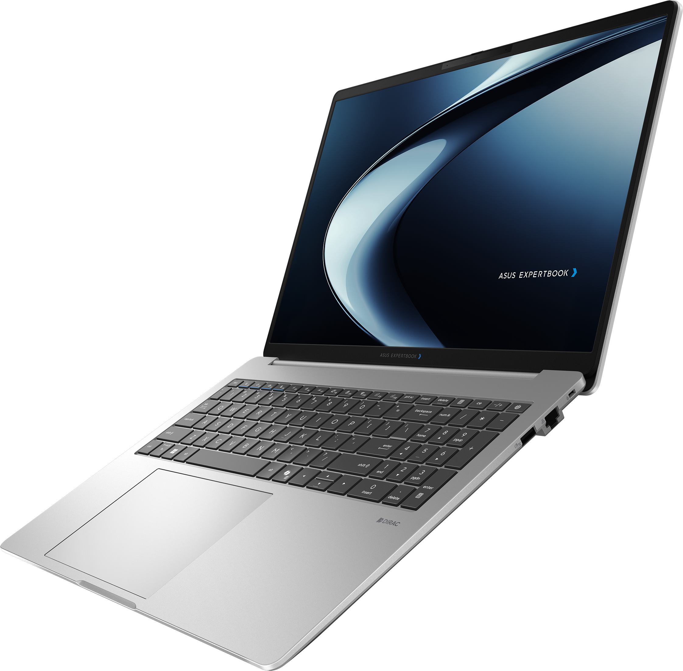 Un ordinateur portable Asus Expertbook argenté avec clavier noir sur fond noir.