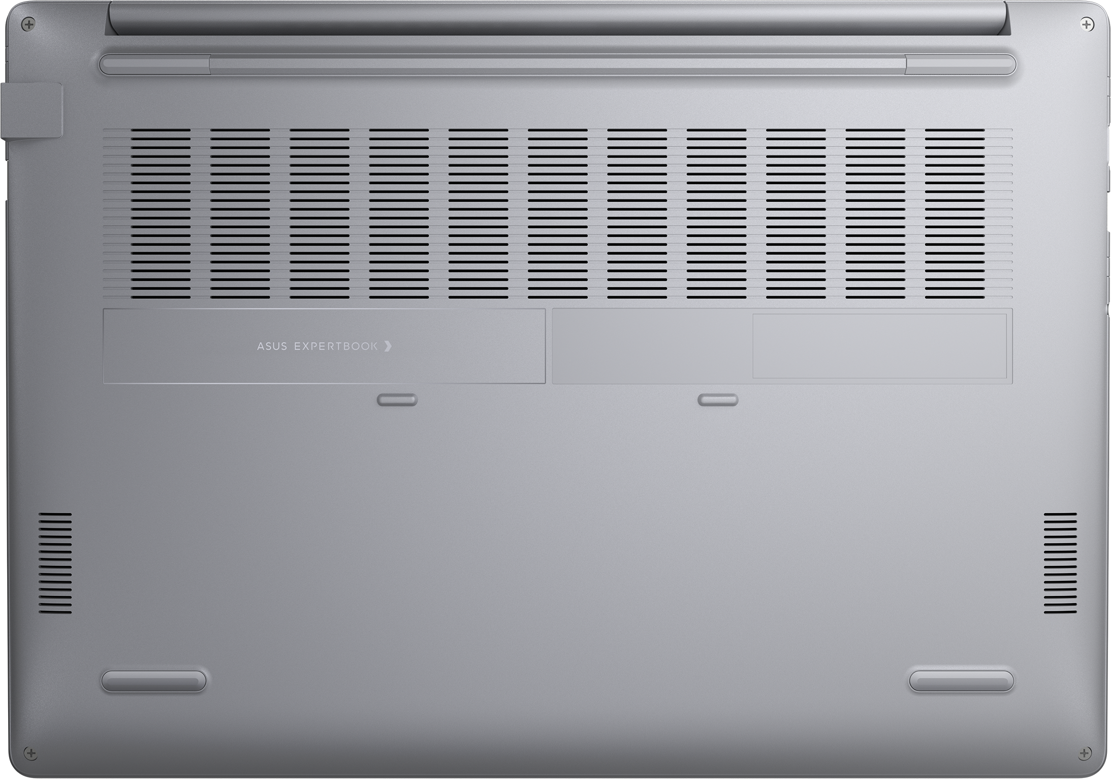 Dessous d'un ordinateur portable argenté avec des évents et le logo ASUS EXPERTBOOK.