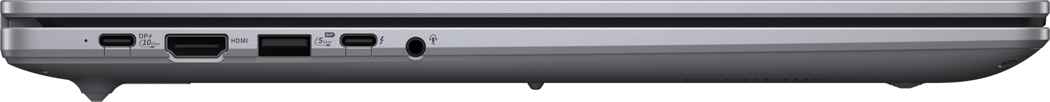 Ordinateur portable argenté avec USB-C, HDMI, USB-A et prise casque.