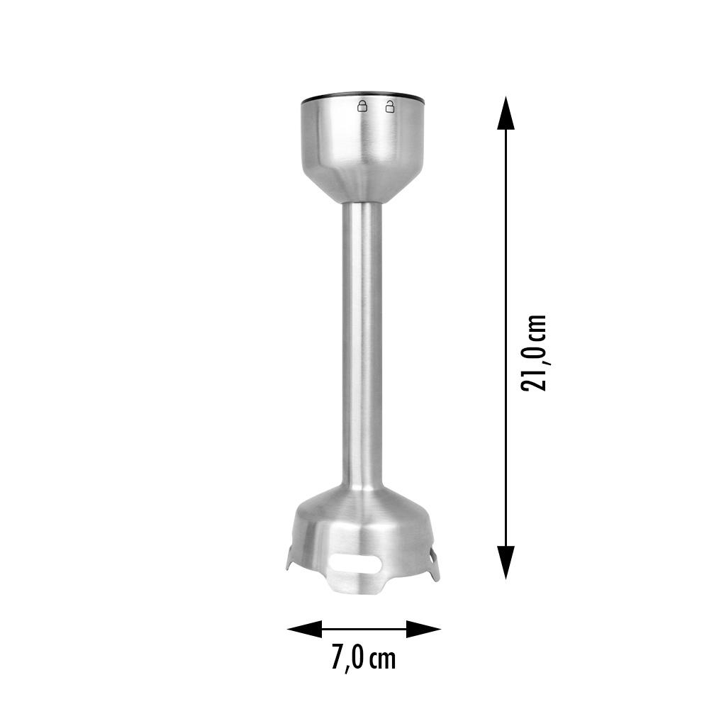 Ein silberner Stabmixerfuß mit Maßen von 21 cm Länge und 7 cm Breite.