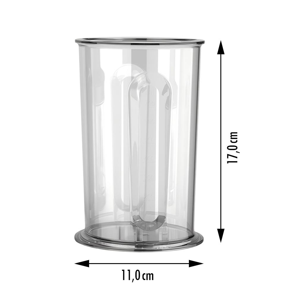 Ein transparenter Messbecher mit Messskala, 17 cm hoch, 11 cm breit.