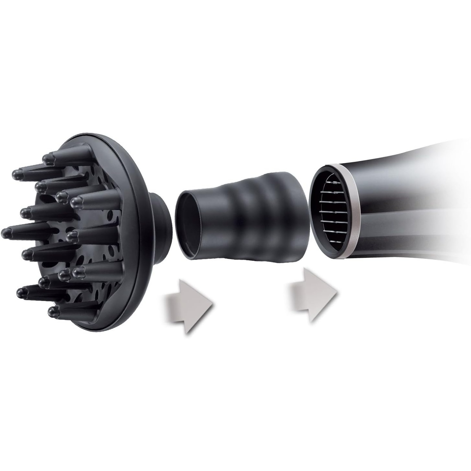 Een zwarte diffuser-opzetstuk voor een haardroger, gedemonteerd getoond.