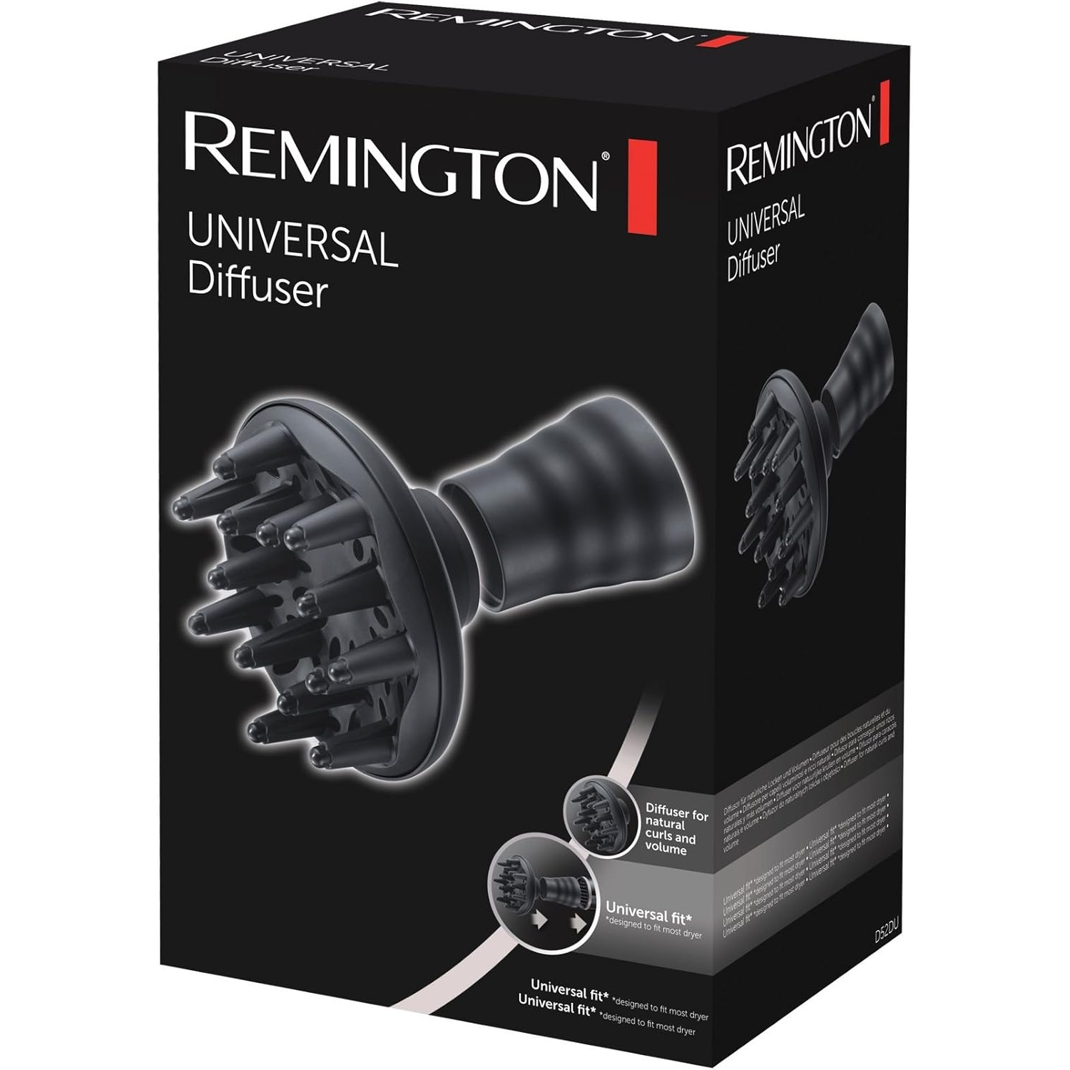Zwarte Remington Universal Diffuser verpakking met zilveren tekst.