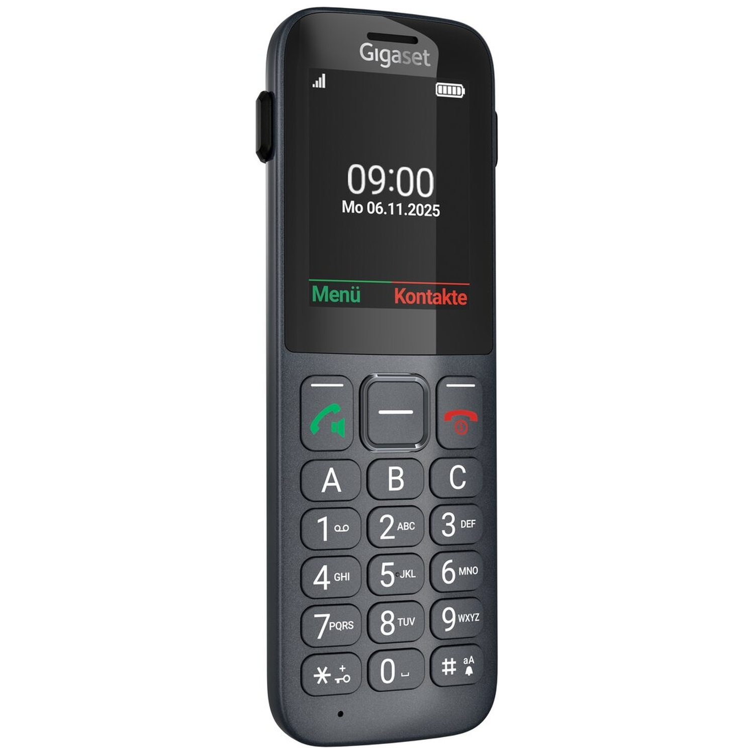 A dark Gigaset mobile phone with a numeric keypad displays 09:00 and the date.