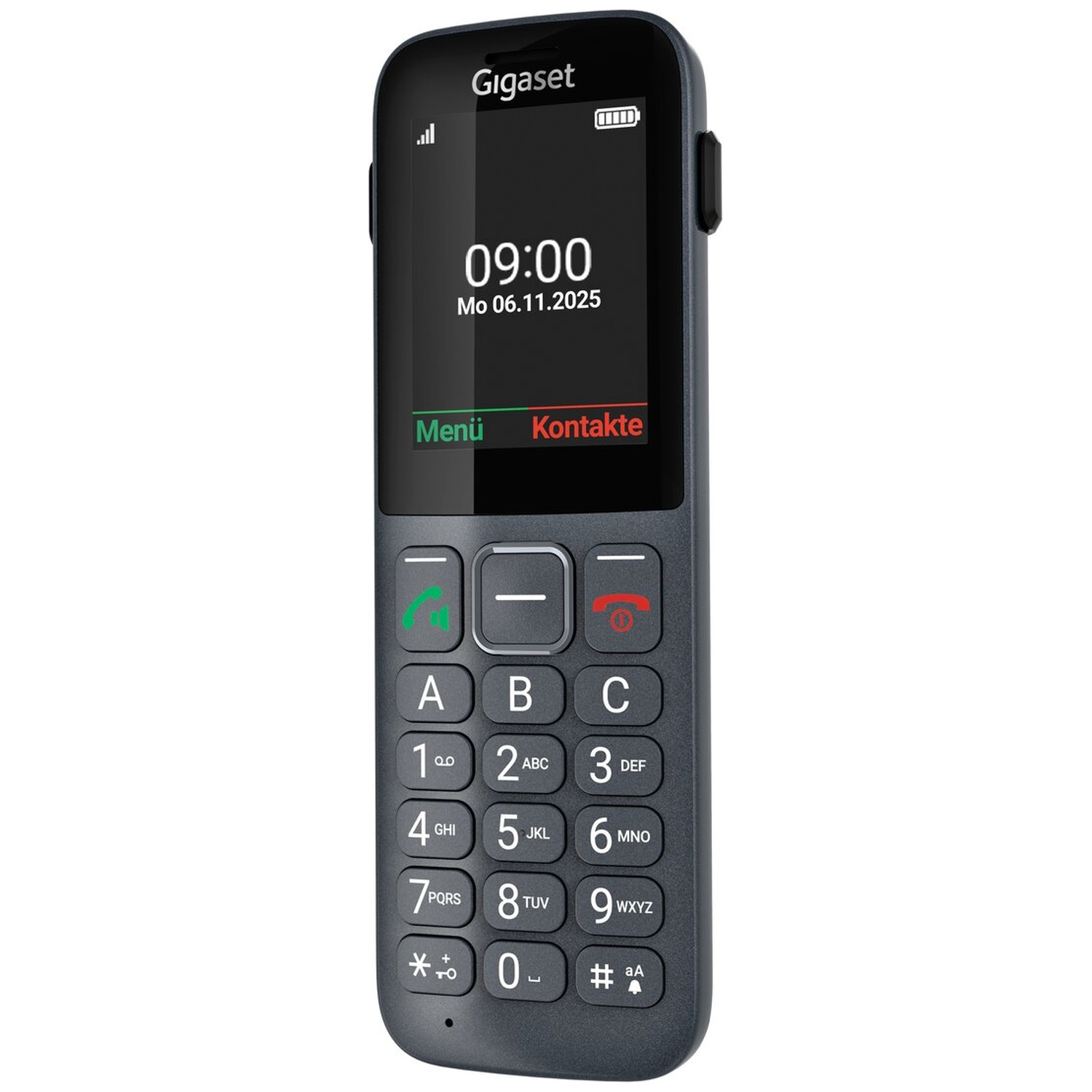 A gray Gigaset feature phone with a large screen and numeric keypad.