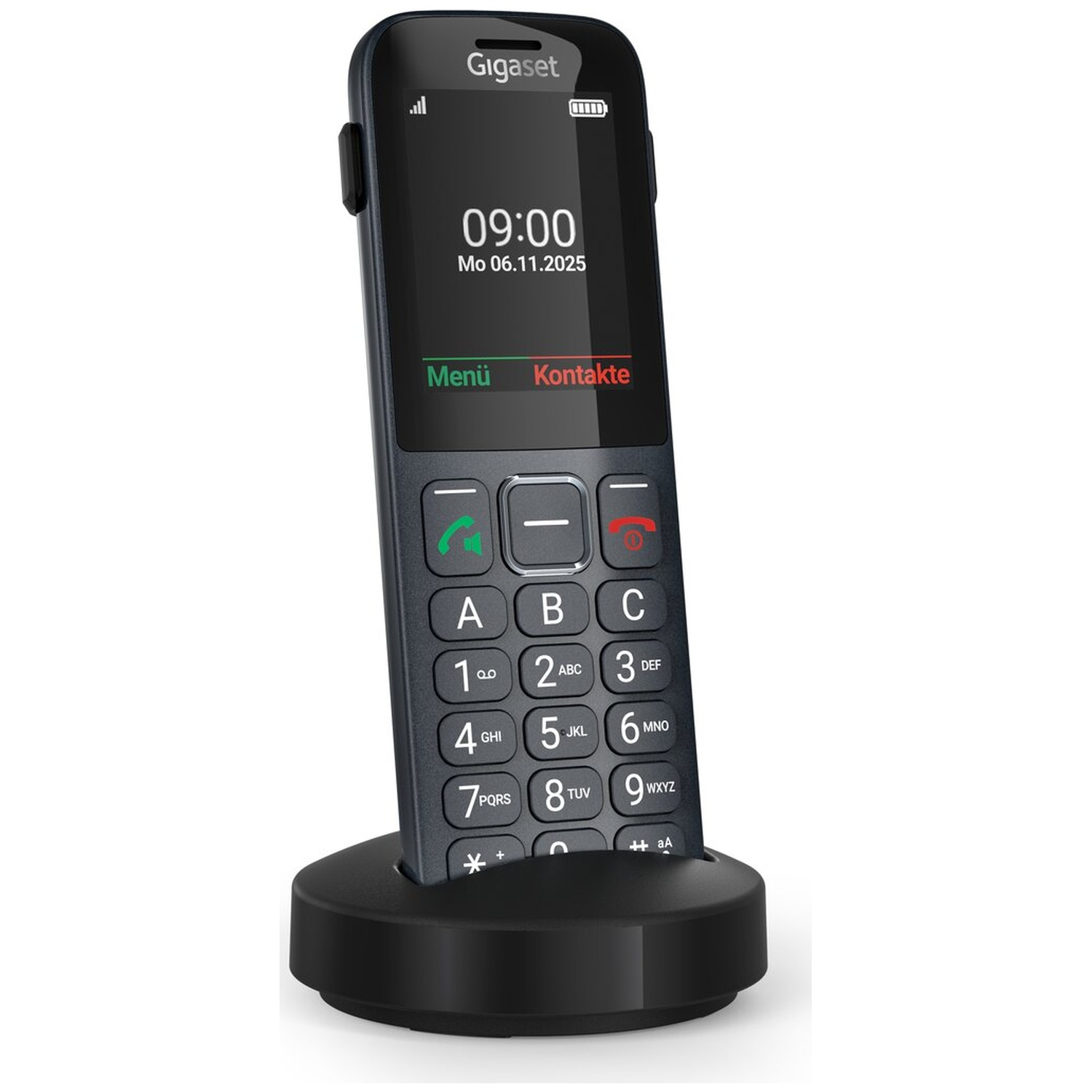 A black Gigaset phone with a numeric keypad sits in a charging dock.