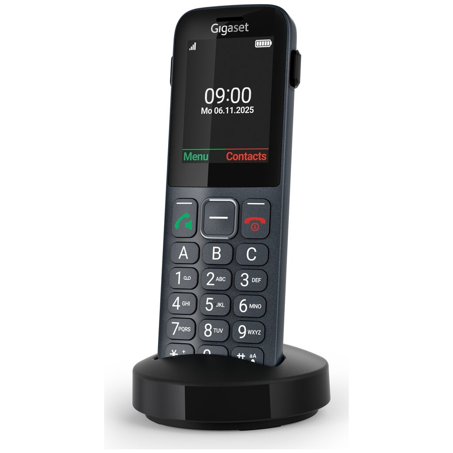 A gray Gigaset cordless phone is on its charging base. The time 09:00 is displayed.