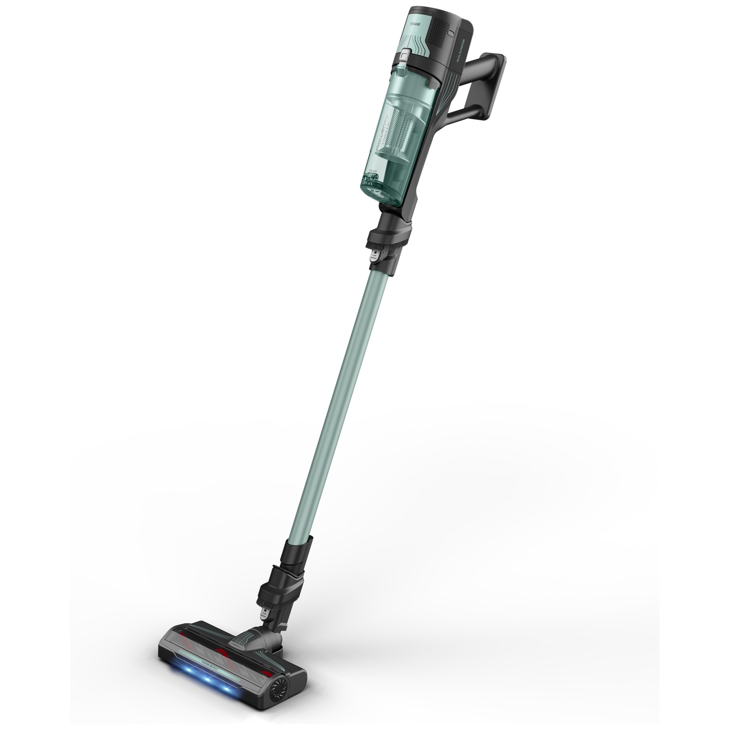 A modern stick vacuum cleaner with a transparent dustbin and blue lights on the brush head.