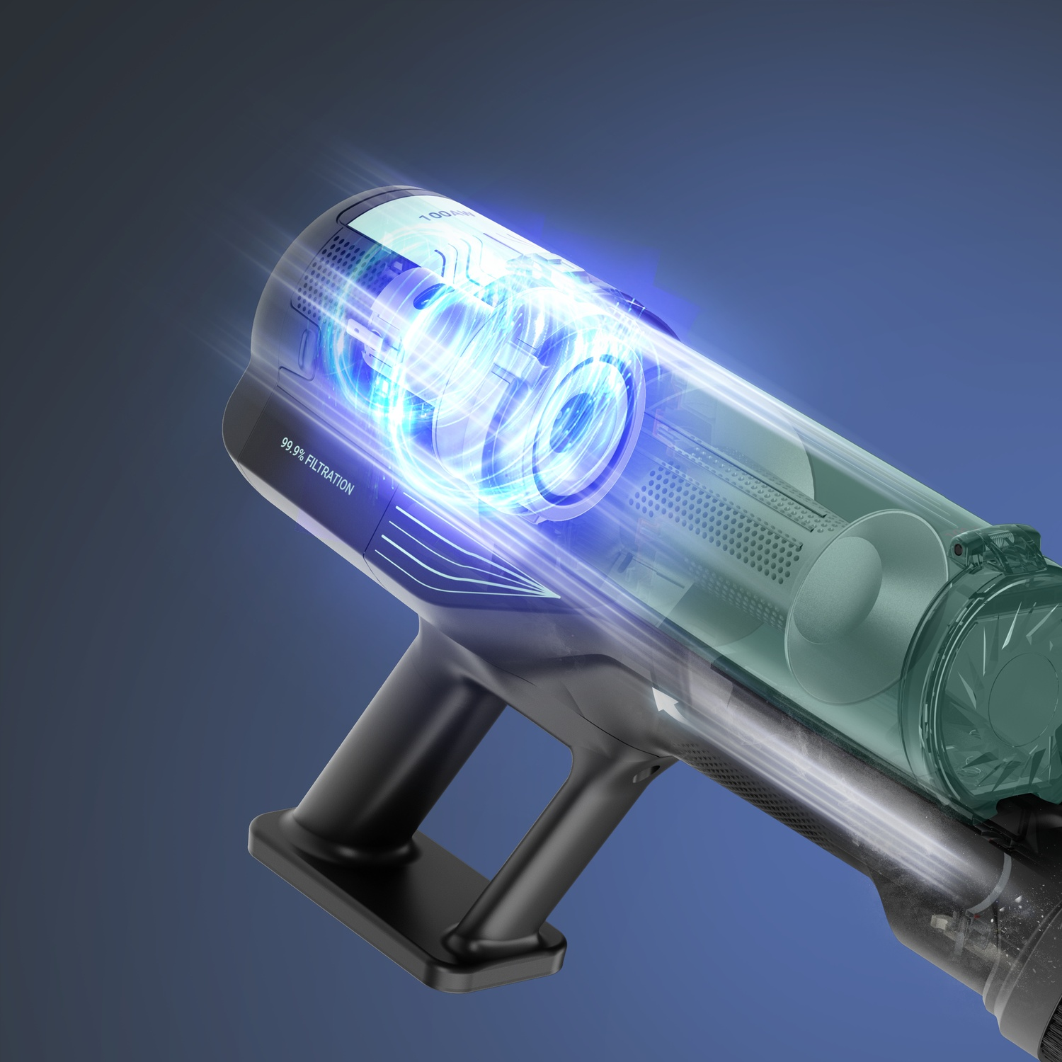 Transparent vacuum cleaner with blue swirling airflow display and 99.9% filtration.