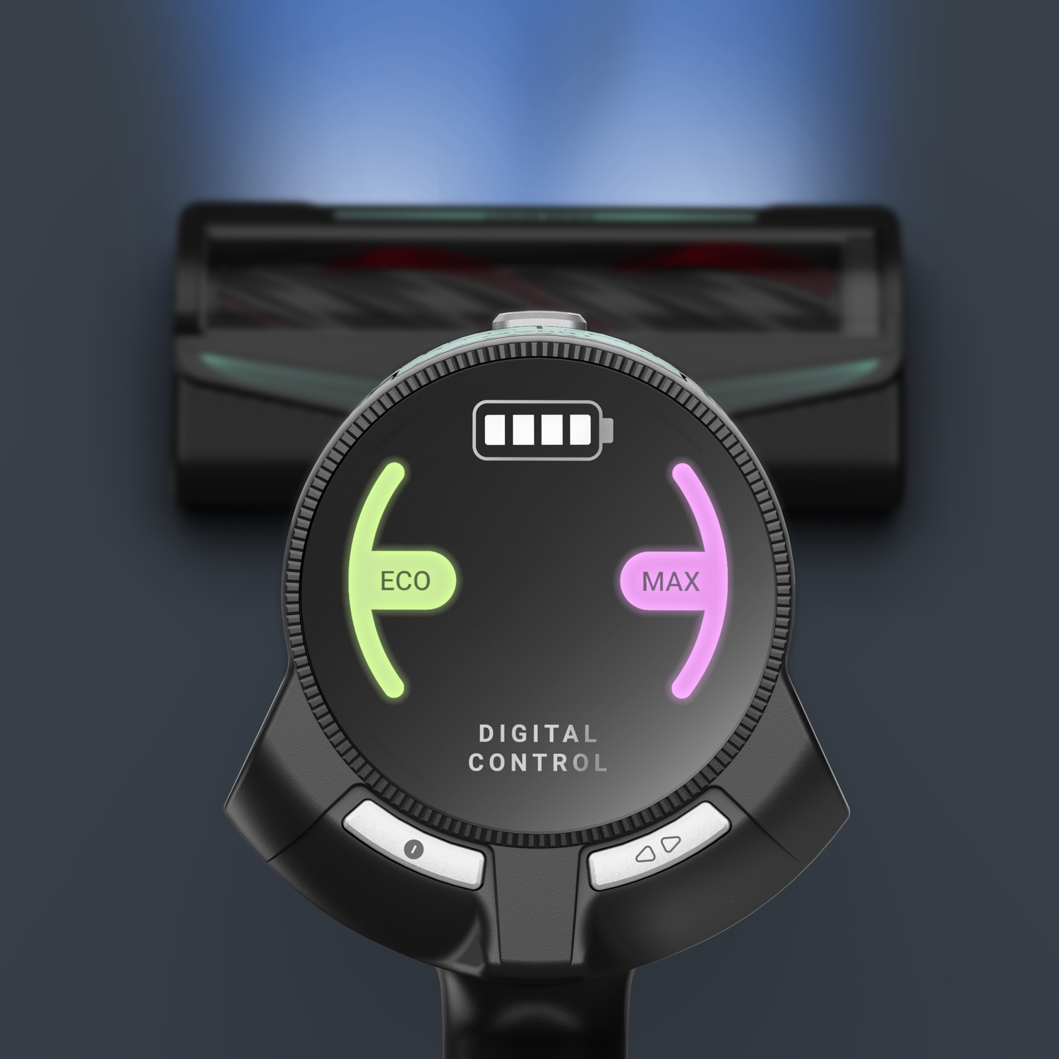 A vacuum cleaner handle with digital controls shows a battery and ECO and MAX modes.