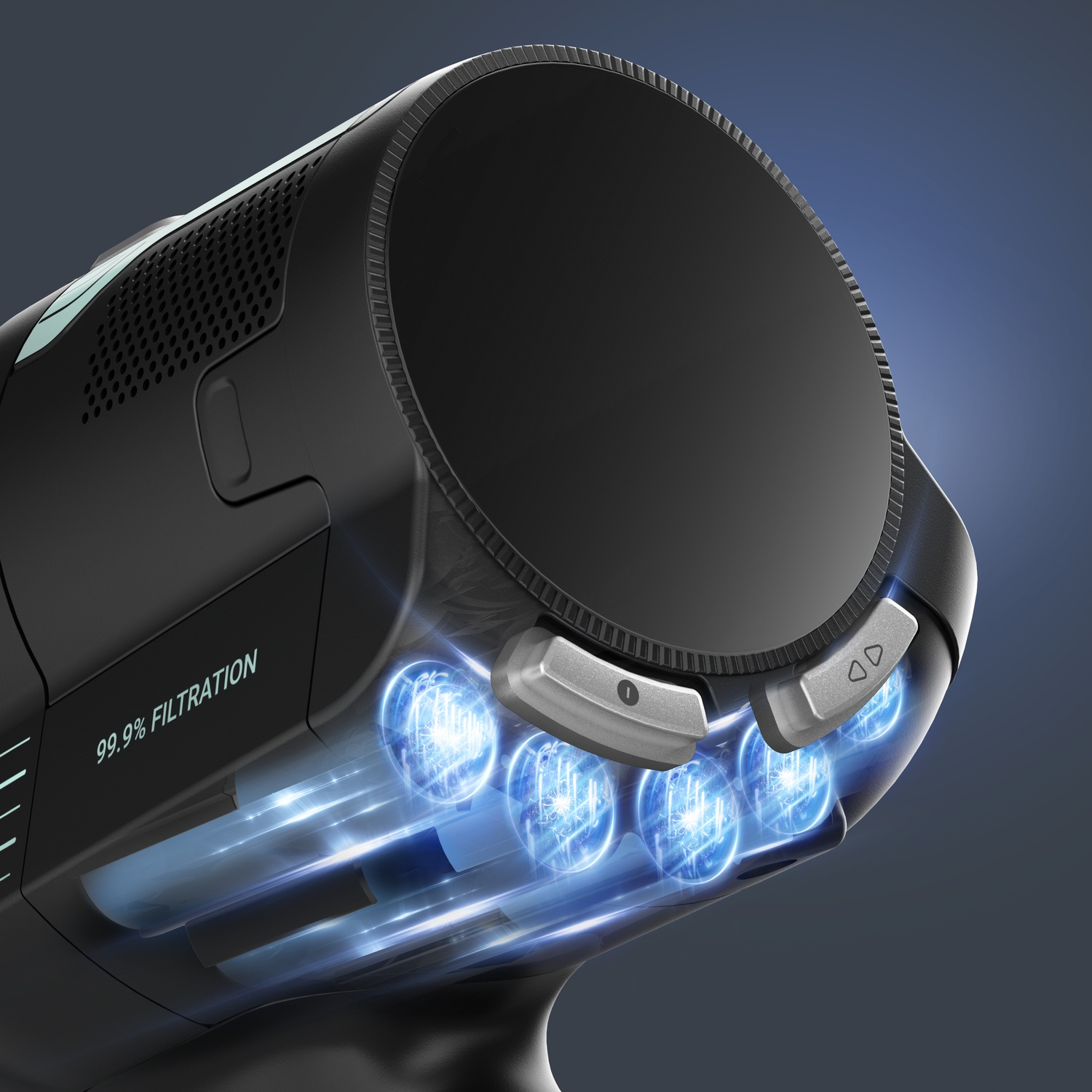 Black vacuum cleaner handle with glowing blue energy pods and 99.9% filtration.
