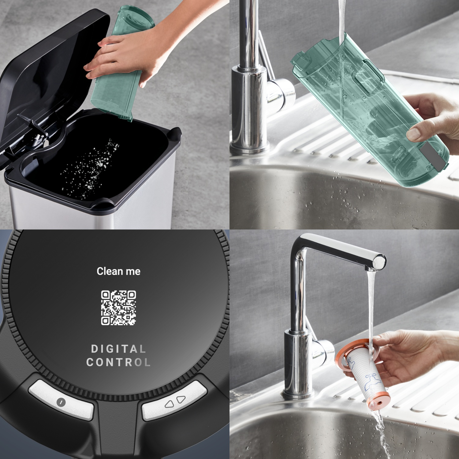 A dustbin is emptied. A filter is cleaned under running water. Close up of vacuum controls.