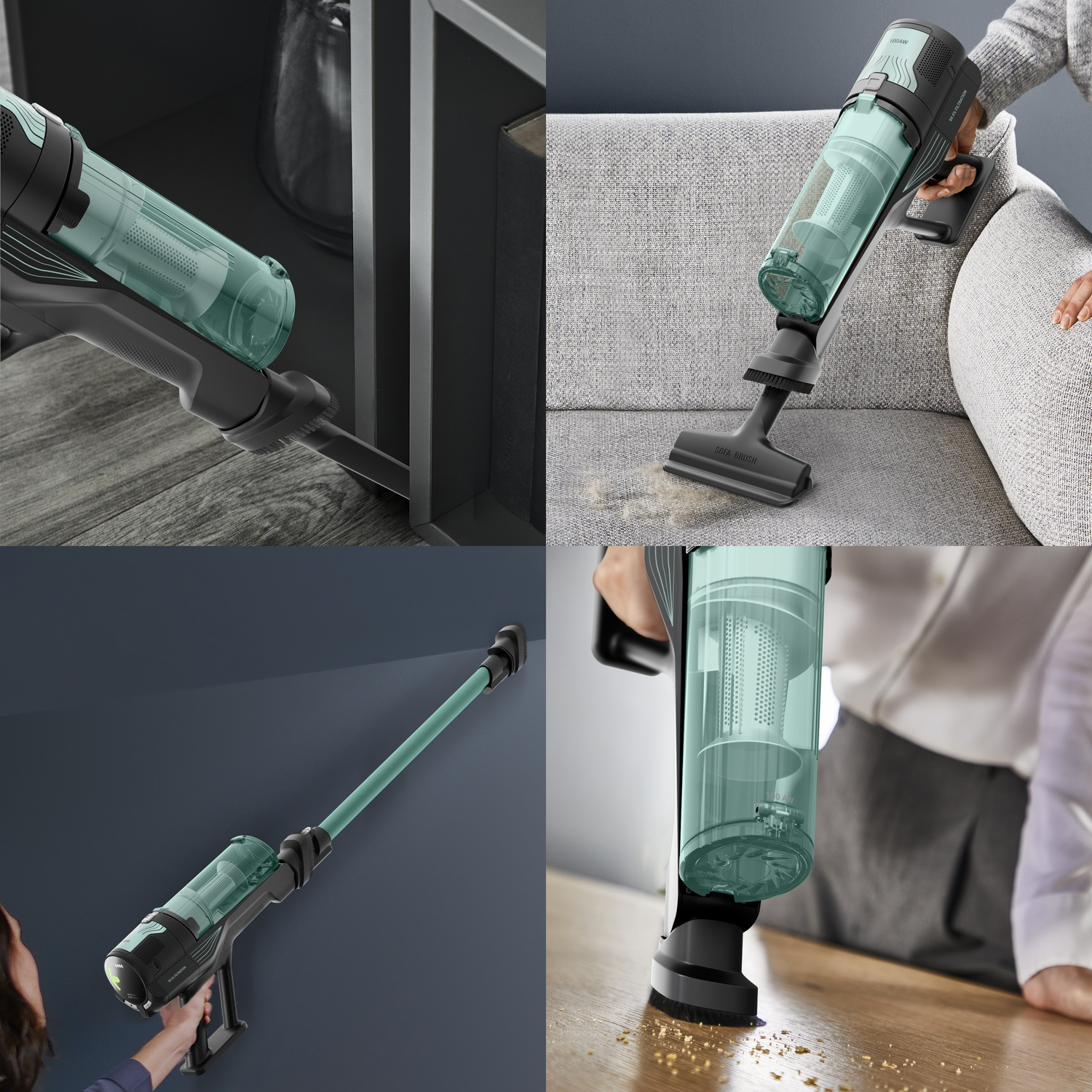 Cordless vacuum cleaning a sofa, a shelf, and a wooden floor.