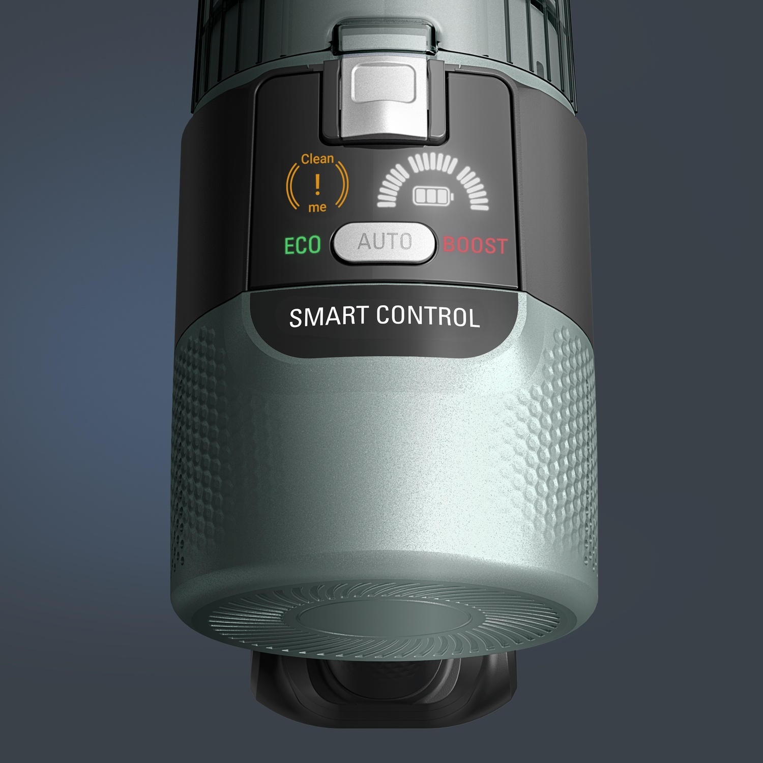 Close-up van het smart control paneel van een stofzuiger met ECO, AUTO, BOOST standen en batterijniveau.