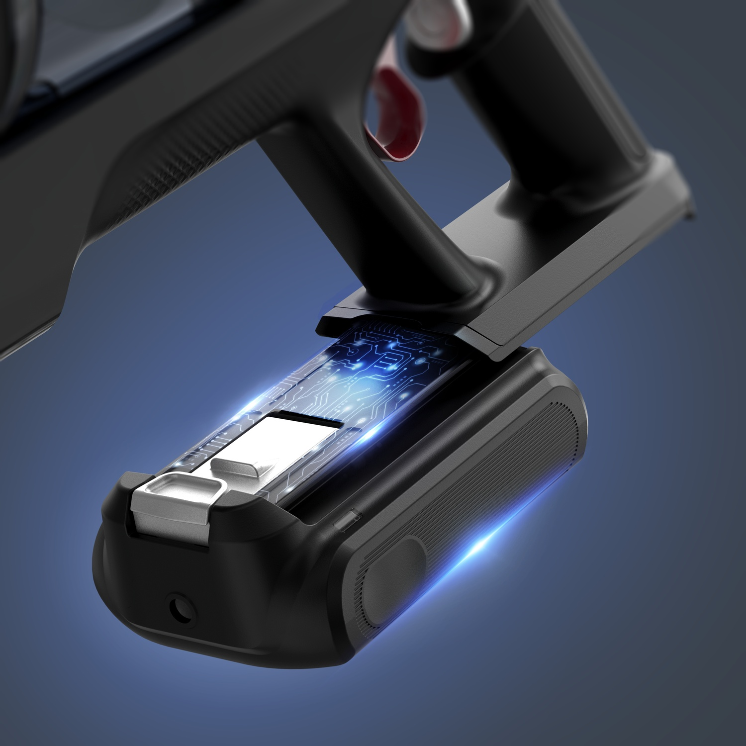 Een zwarte batterij met gloeiende blauwe circuits wordt in een gereedschap geplaatst.