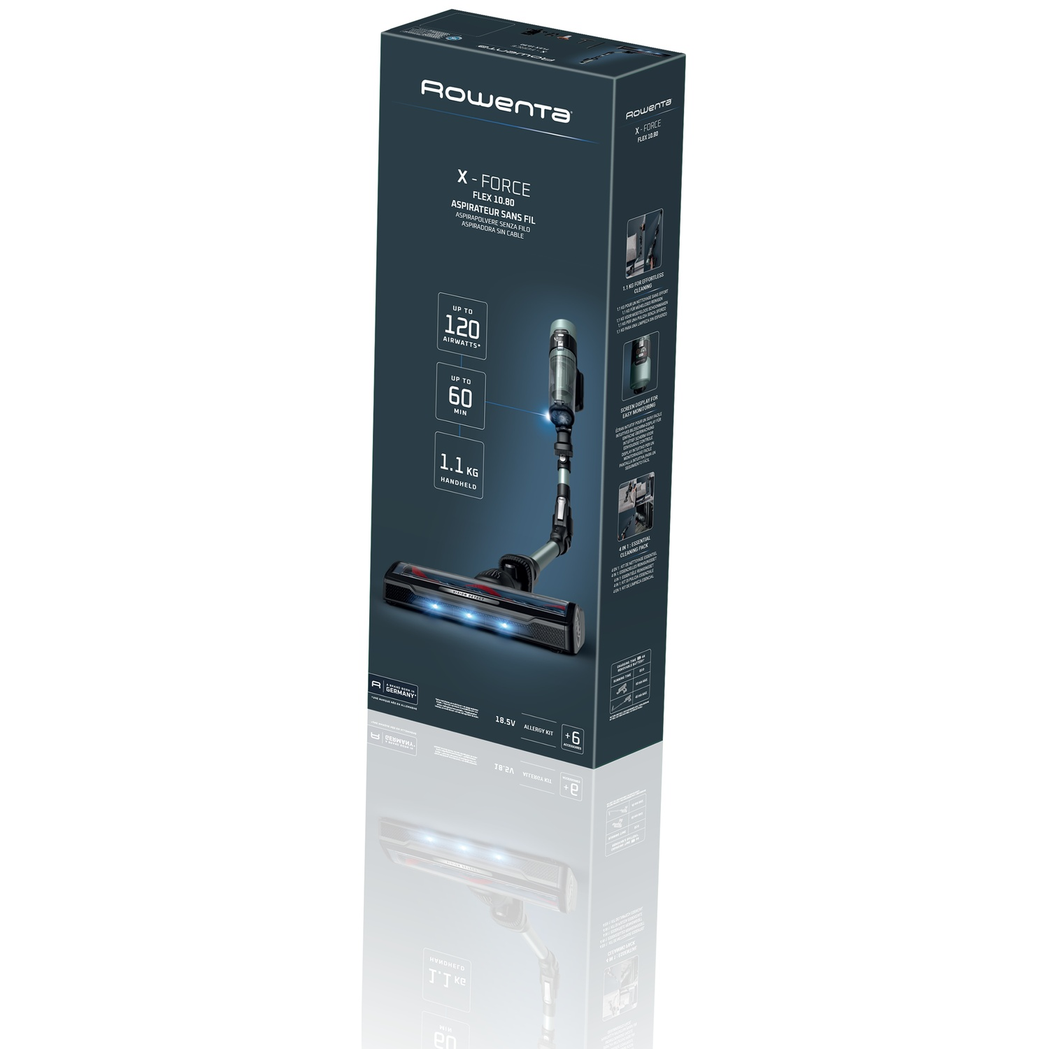 Rowenta X-Force stofzuiger verpakking: 120 Airwatt, 60 min batterij, 1.1kg.