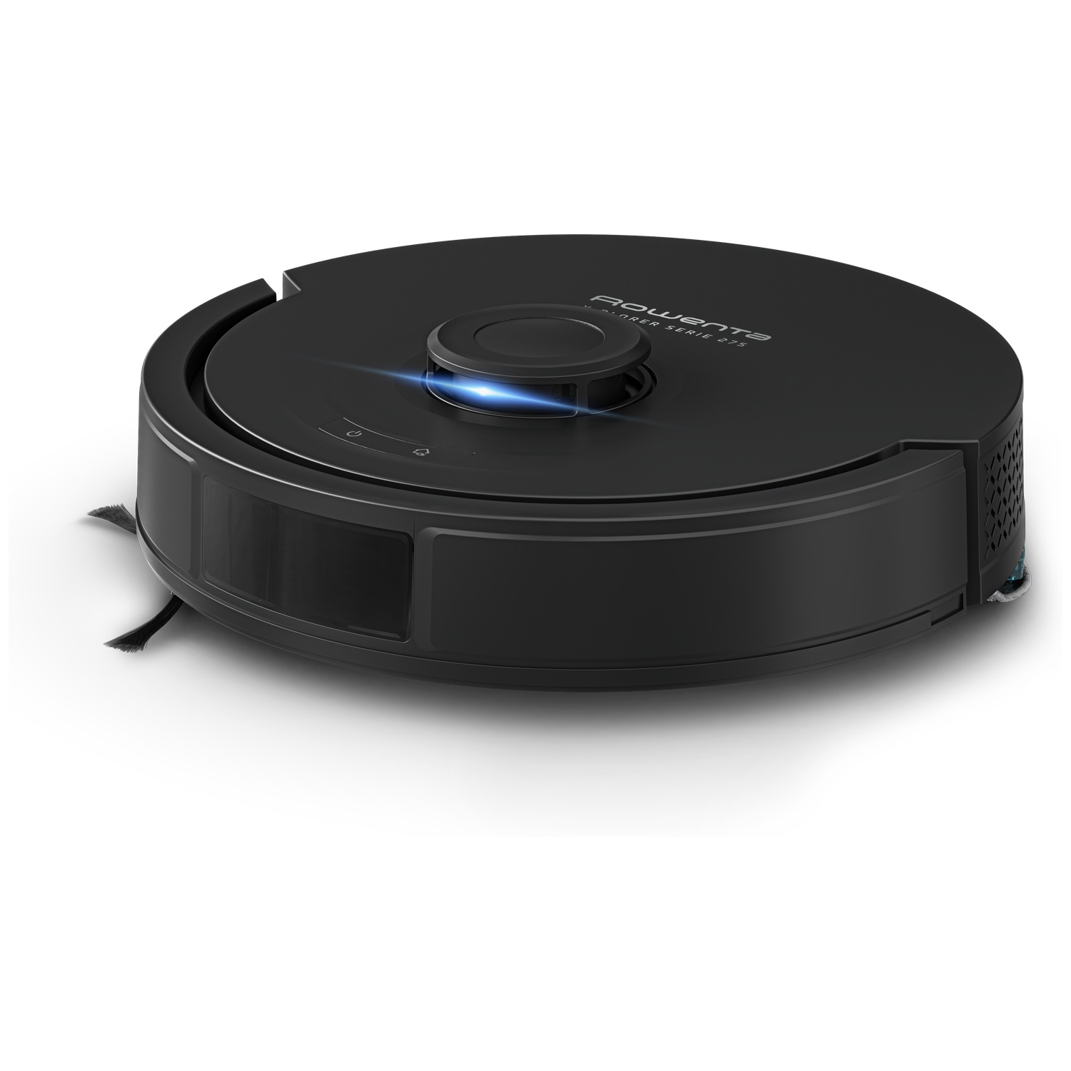 A black, round robot vacuum cleaner with blue lighting on a white background.