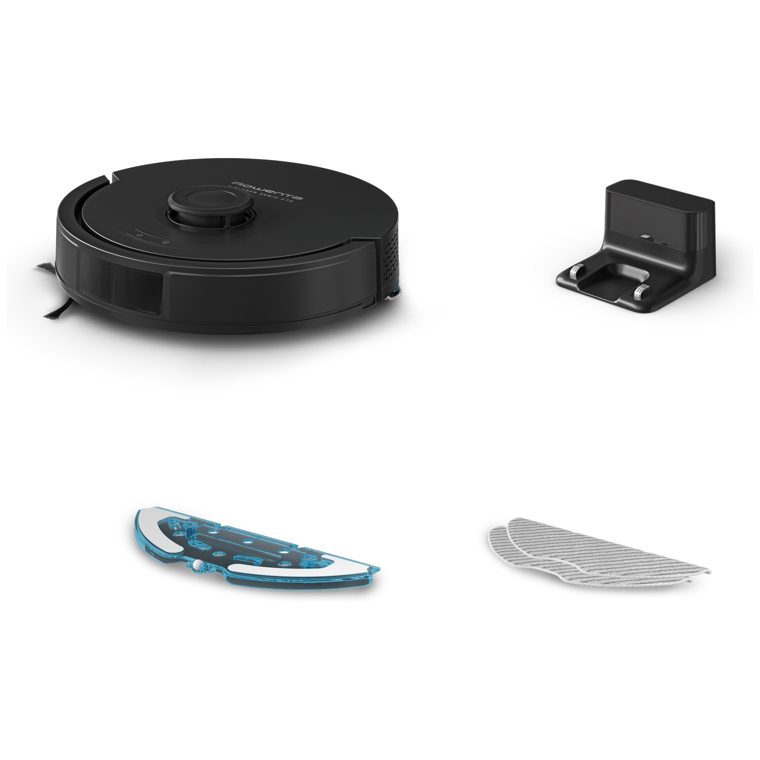 A black robot vacuum cleaner with its charging dock and two mop pads on a white background.