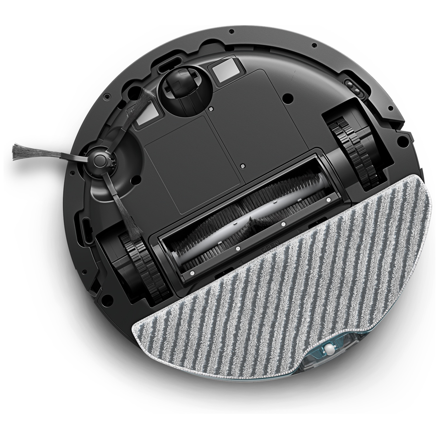 Underside of a black robot vacuum with brushes, wheels, and a mopping pad.