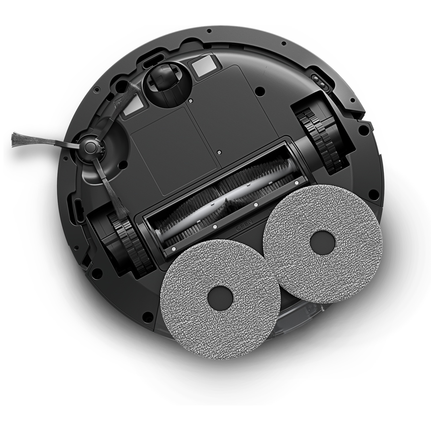 Onderkant van een zwarte robotstofzuiger met borstels en twee ronde dweilpads.