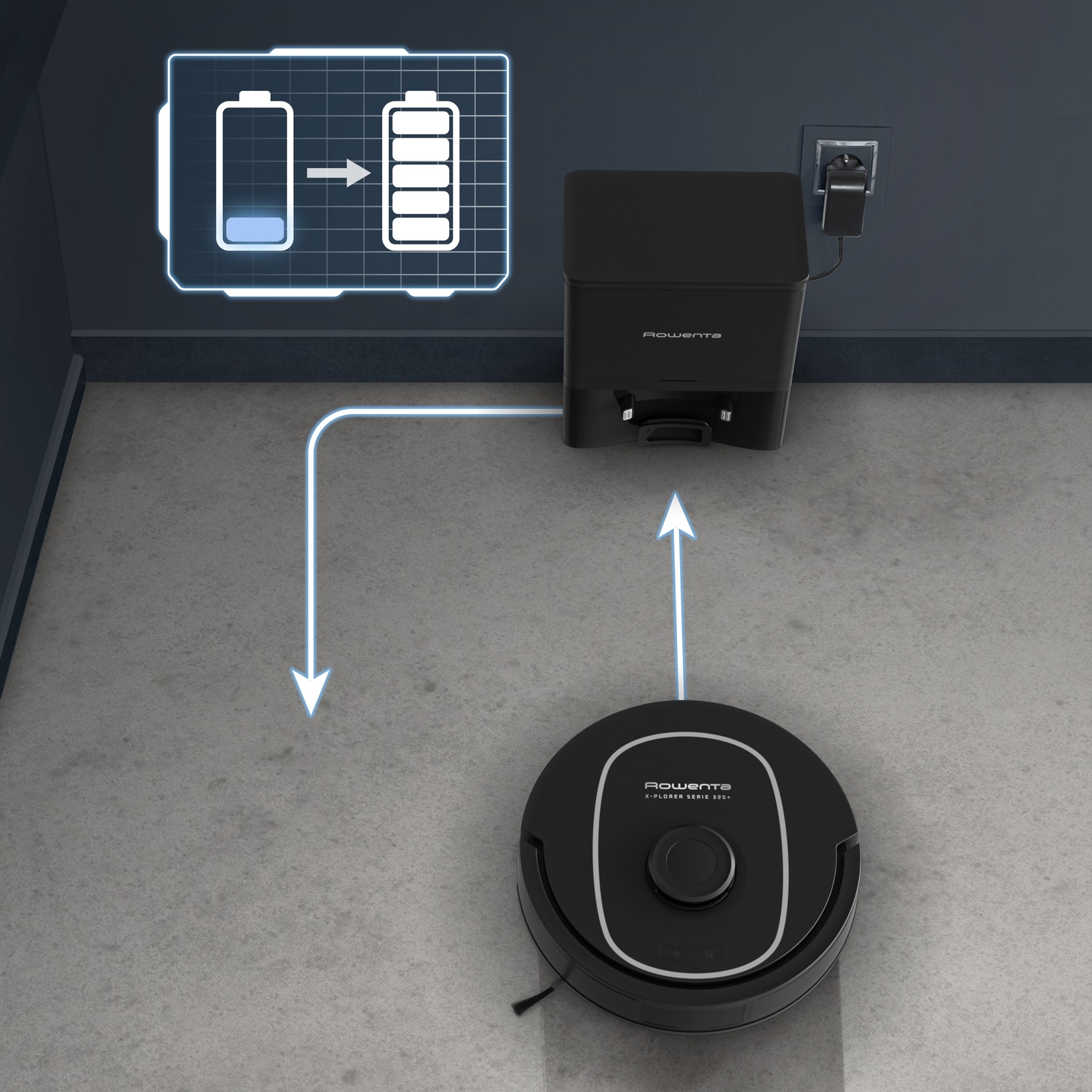 Een robotstofzuiger keert terug naar zijn oplaadstation dat in de muur is gestoken. Een batterij-indicator toont het opladen.