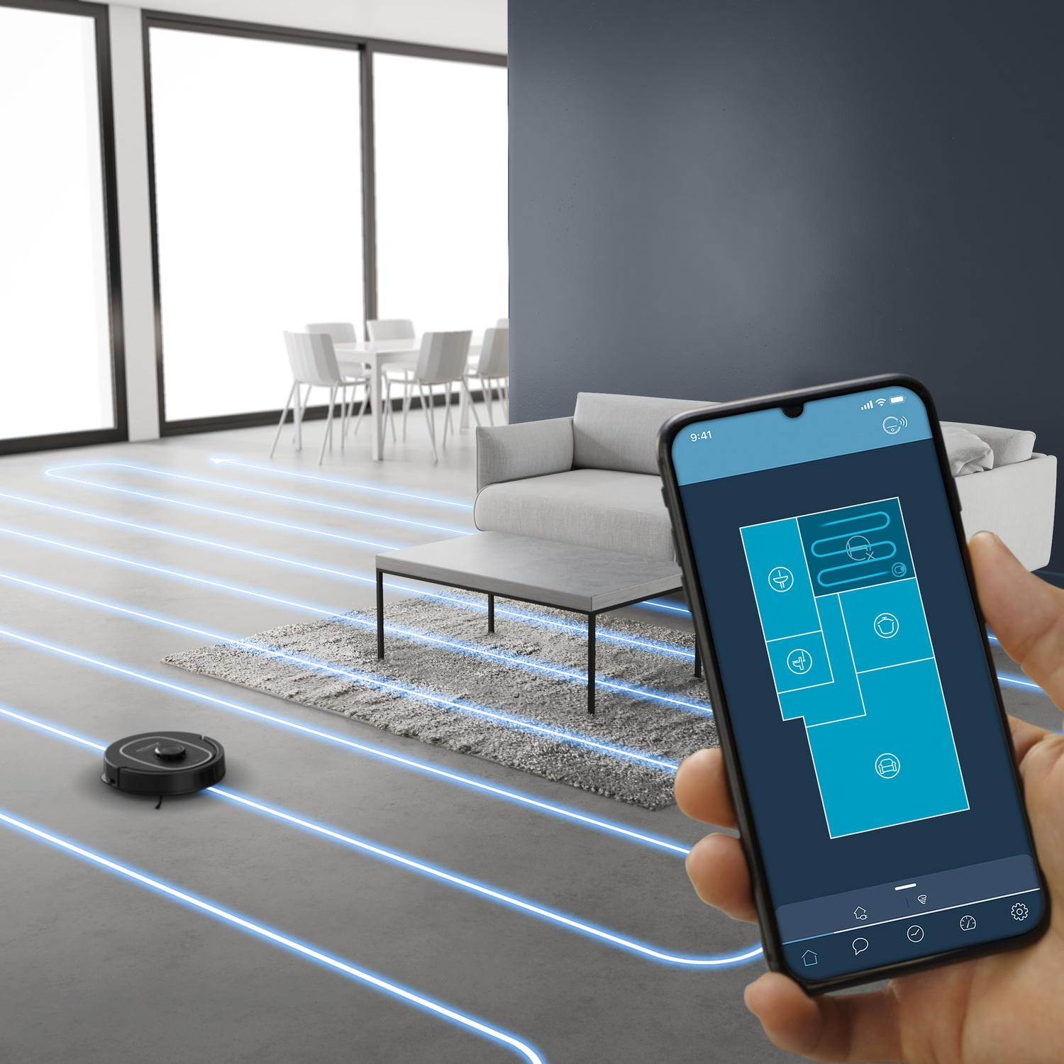 Een robotstofzuiger reinigt een moderne kamer, bediend via een smartphone-app.