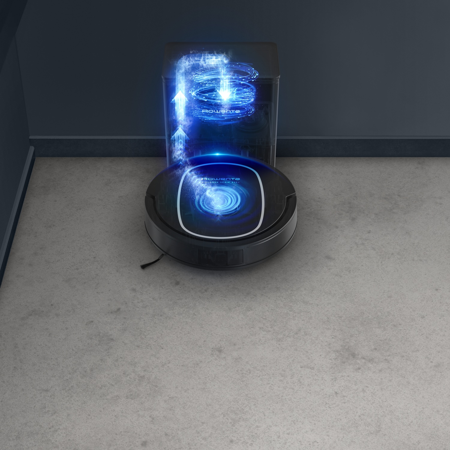 Een robotstofzuiger laadt stof in een dockingstation, weergegeven met blauwe energie-effecten.
