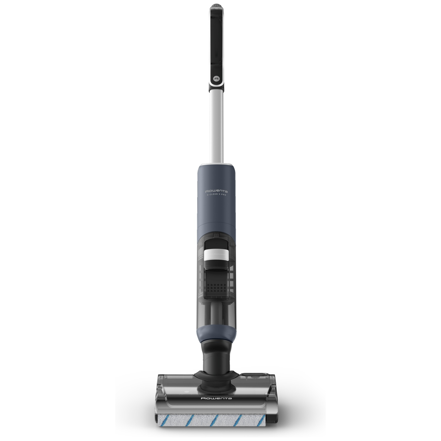 A grey and white cordless vacuum cleaner with a transparent dustbin and a brush roll.