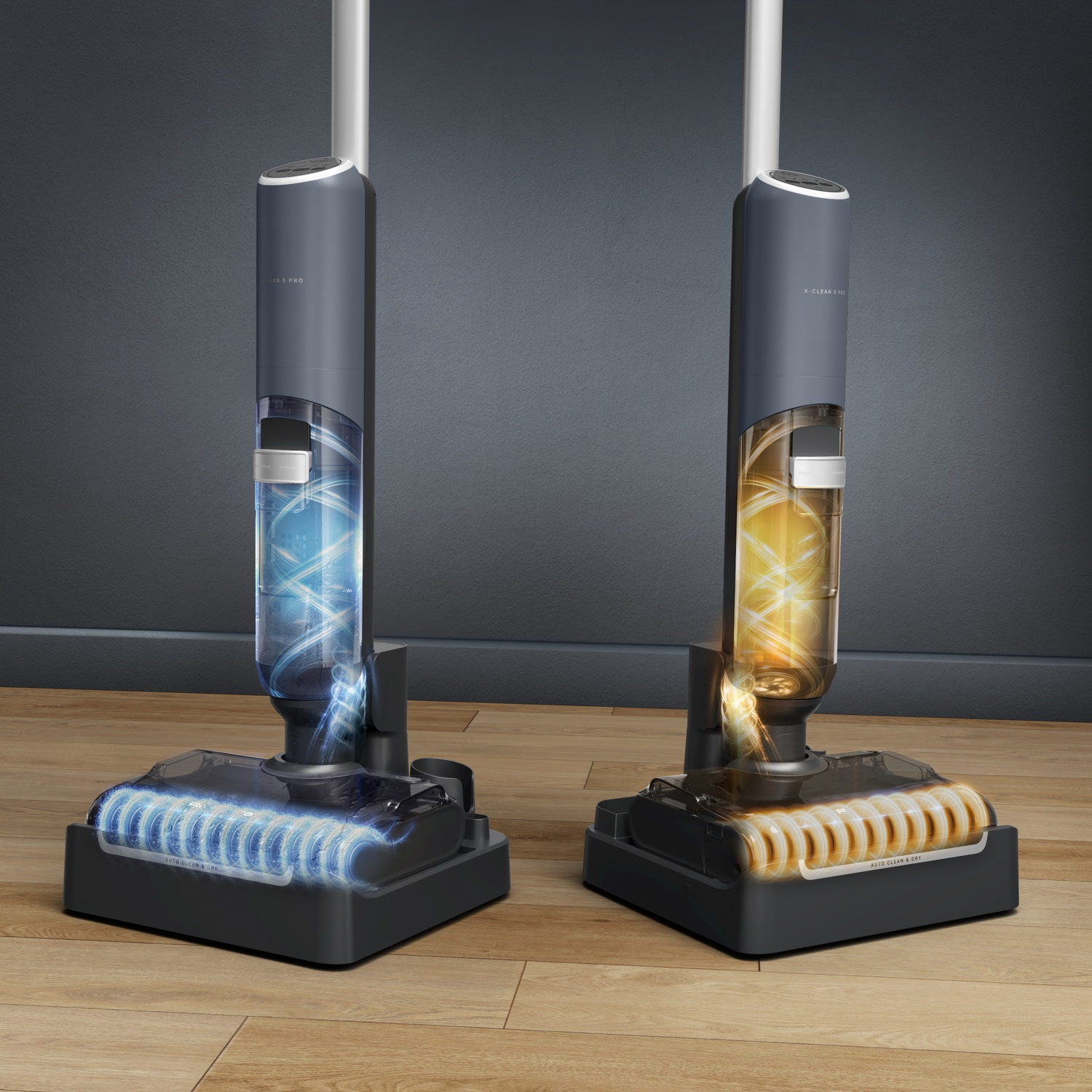 Two vacuum cleaners side-by-side, one with blue swirling water, the other with yellow.