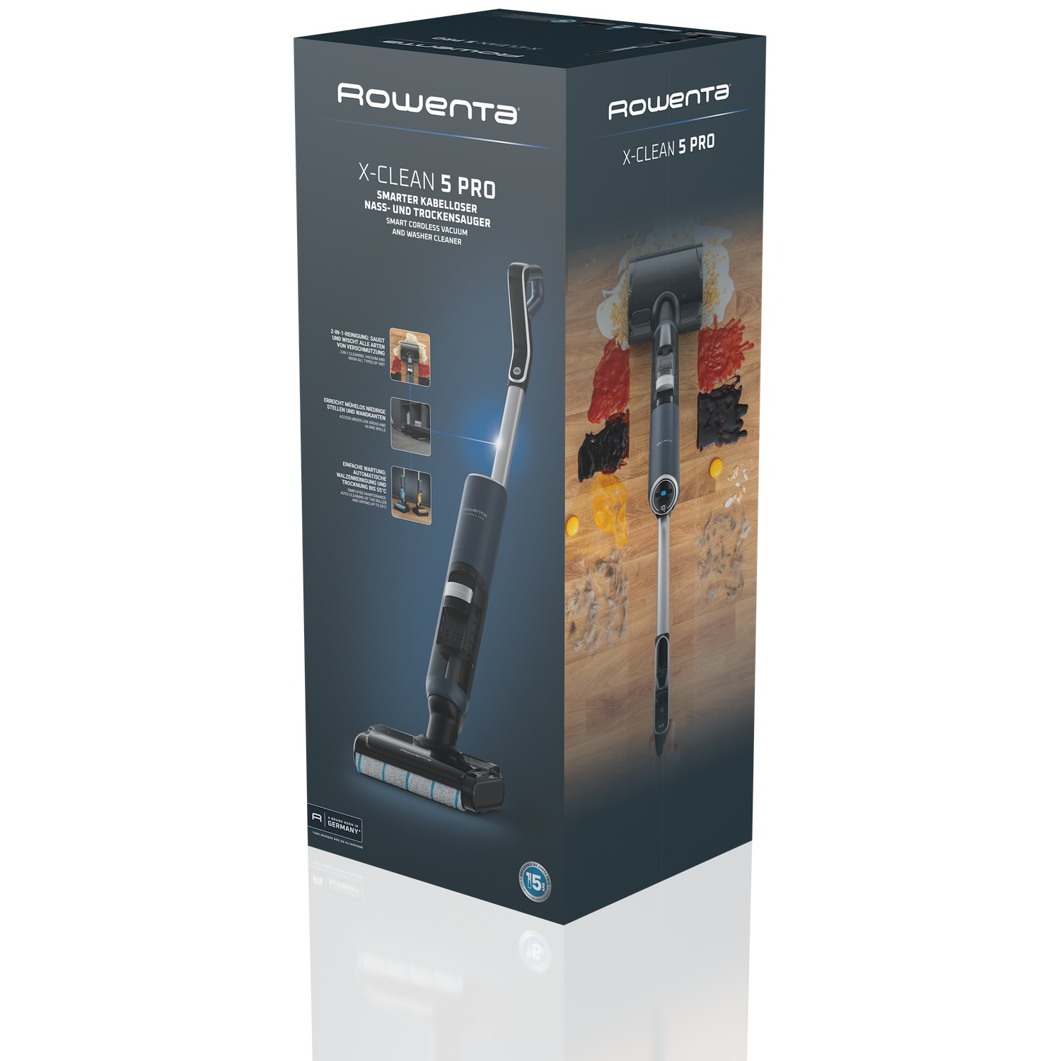 Rowenta X-Clean 5 Pro wet and dry vacuum cleaner packaging with product image.