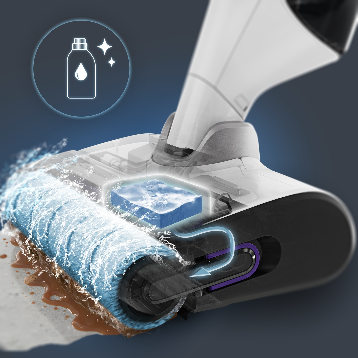 Nat reinigingshoofd met roterende borstel die water sproeit en vuil opneemt.