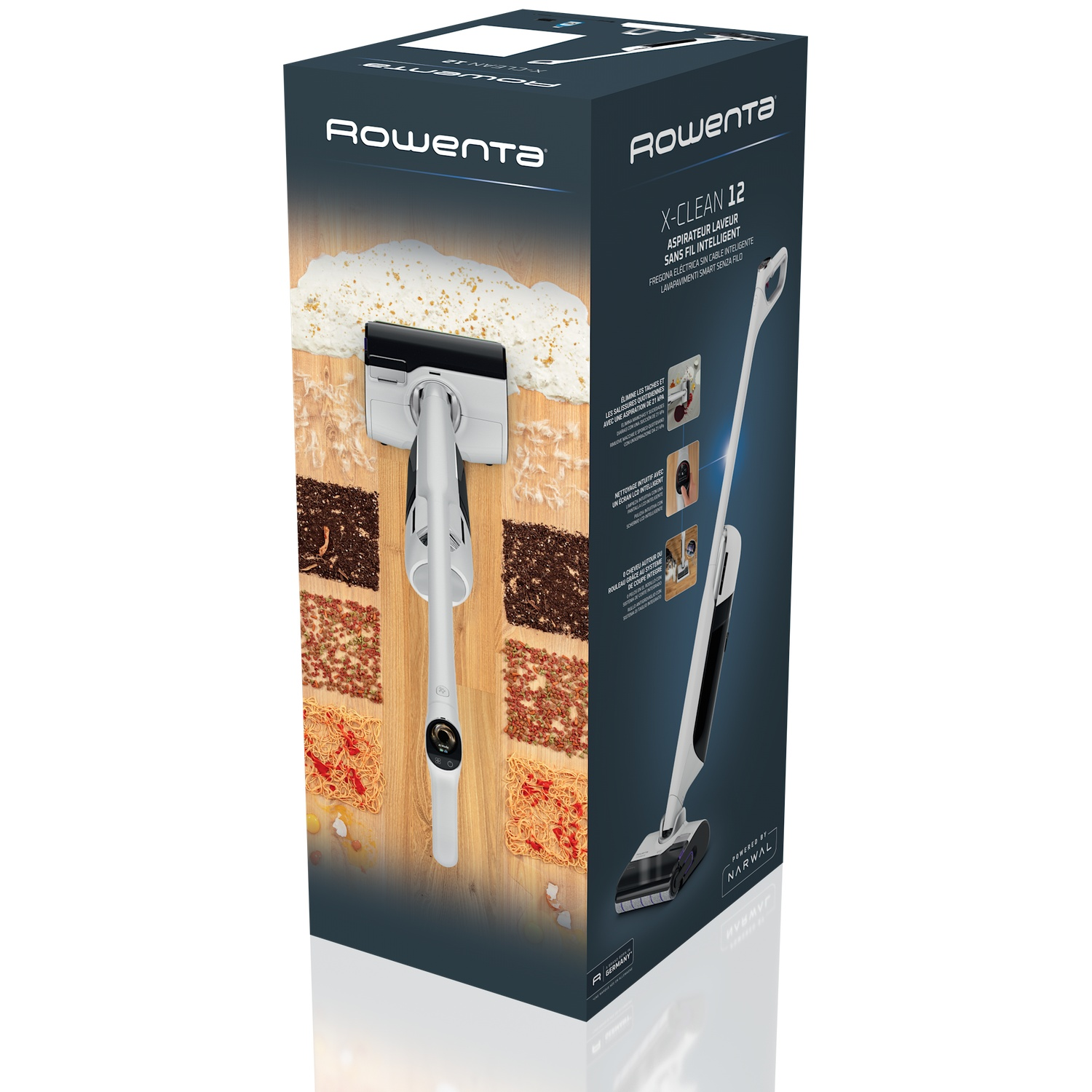 Rowenta X-Clean 12 draadloze waszuiger doos met productafbeeldingen en functies.