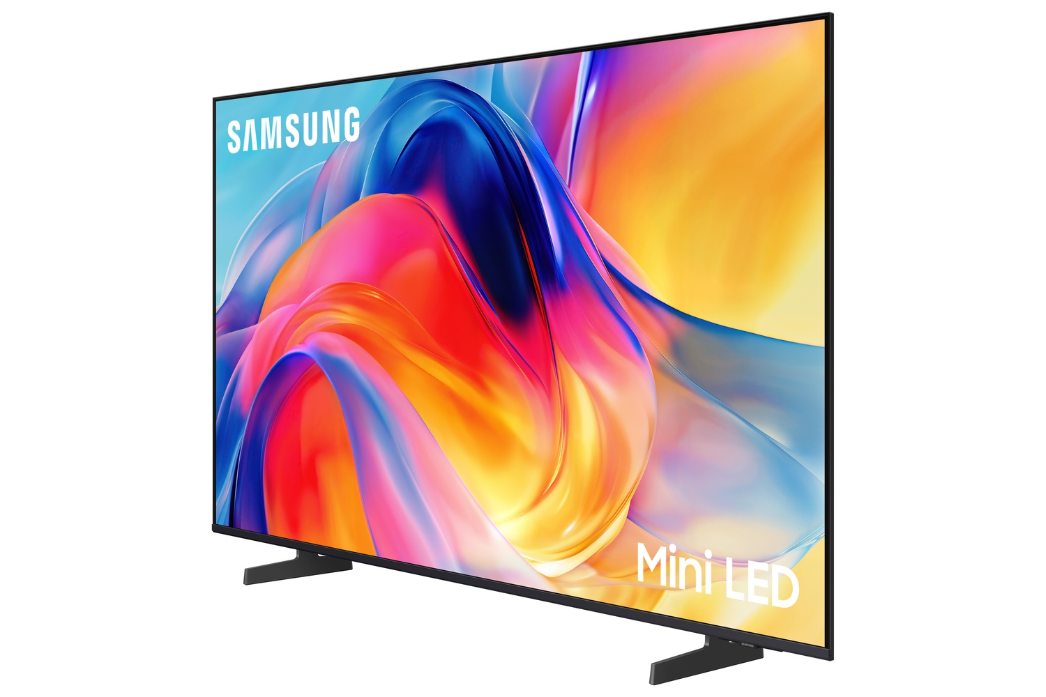 Un televisor Samsung Mini LED que muestra un protector de pantalla abstracto y colorido sobre fondo blanco.