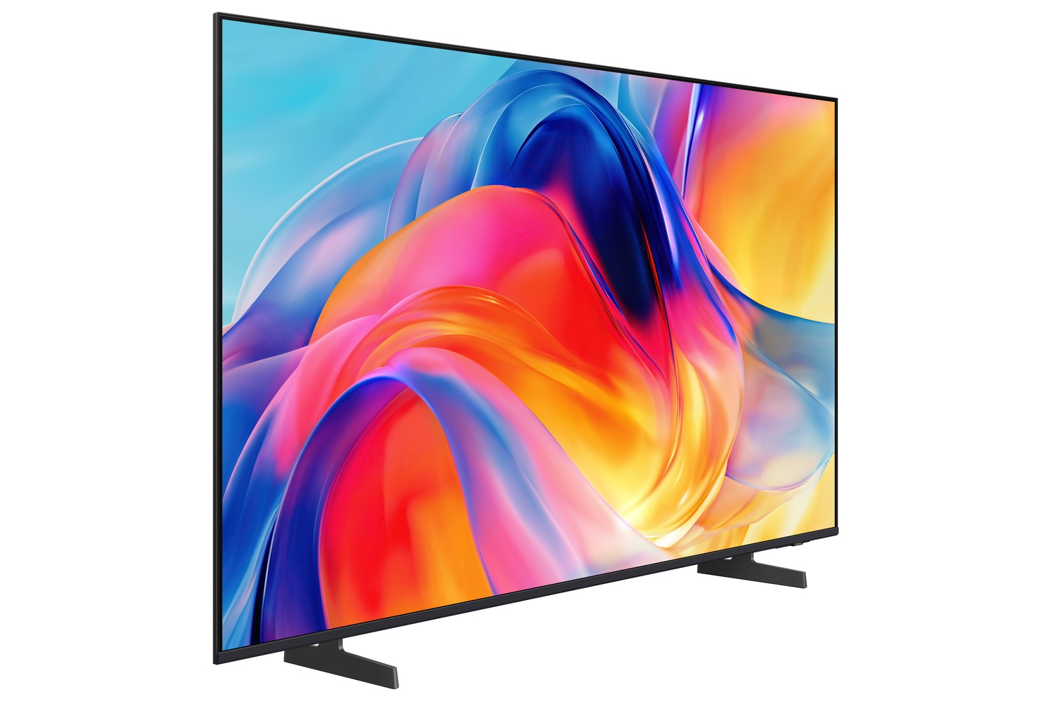 Un televisor moderno que muestra un salvapantallas abstracto y vibrante.