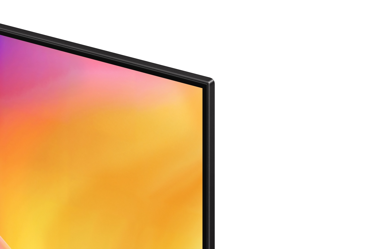 Primer plano de un bisel de TV negro con una pantalla degradada y colorida.