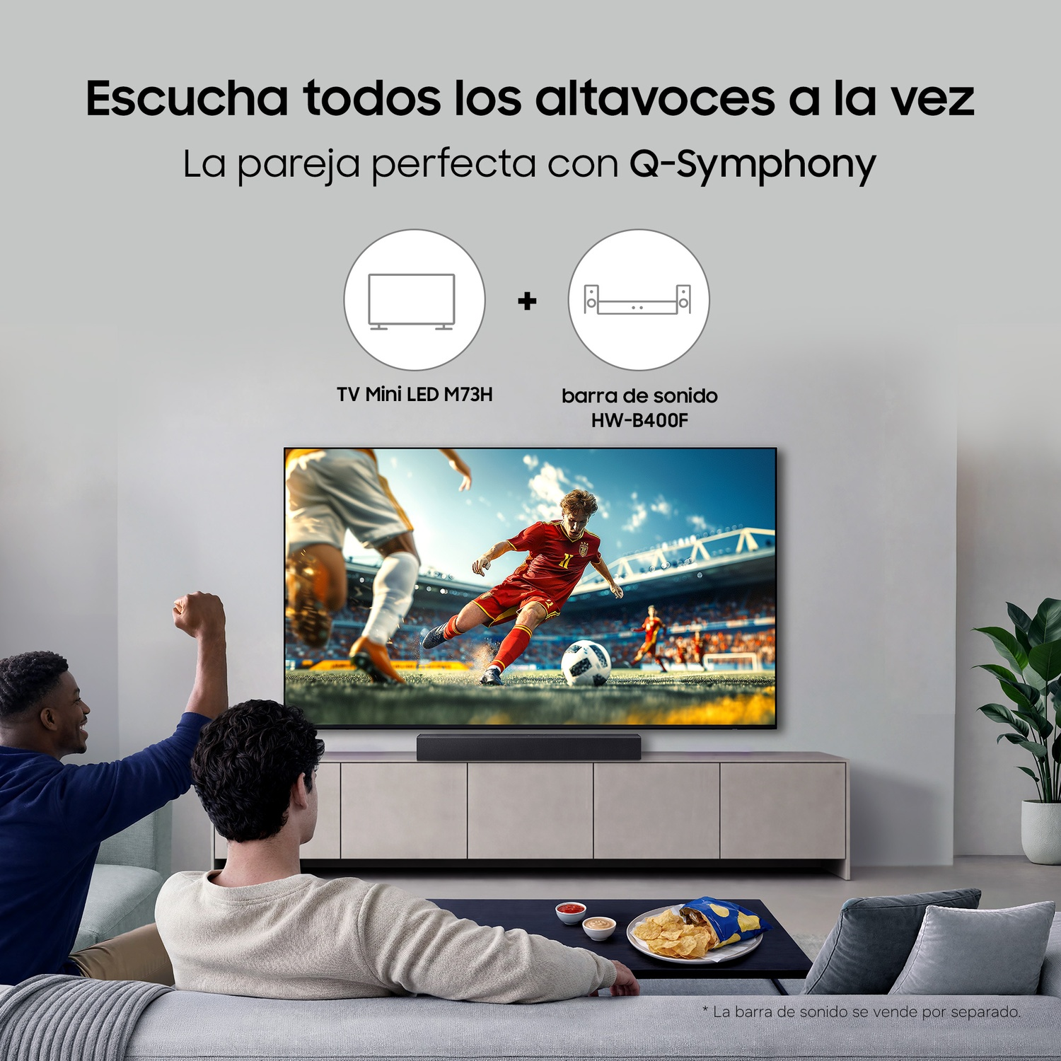 Escucha todos los altavoces a la vez. La pareja perfecta con Q-Symphony. TV Mini LED M73H. barra de sonido HW-B400F. La barra de sonido se vende por separado.