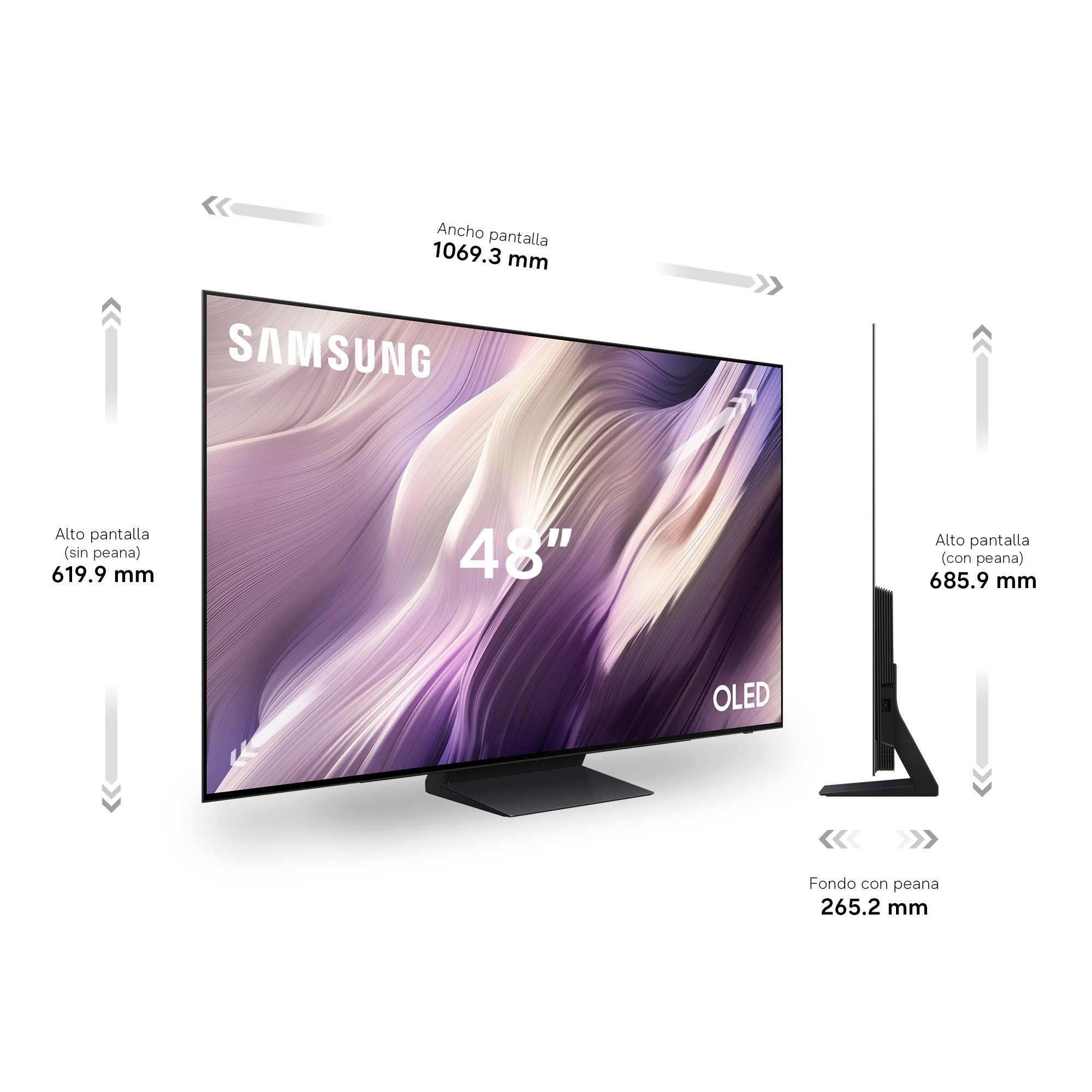 Samsung 48" OLED. Ancho pantalla: 1069.3 mm. Alto pantalla (sin peana): 619.9 mm. Alto pantalla (con peana): 685.9 mm. Fondo con peana: 265.2 mm.