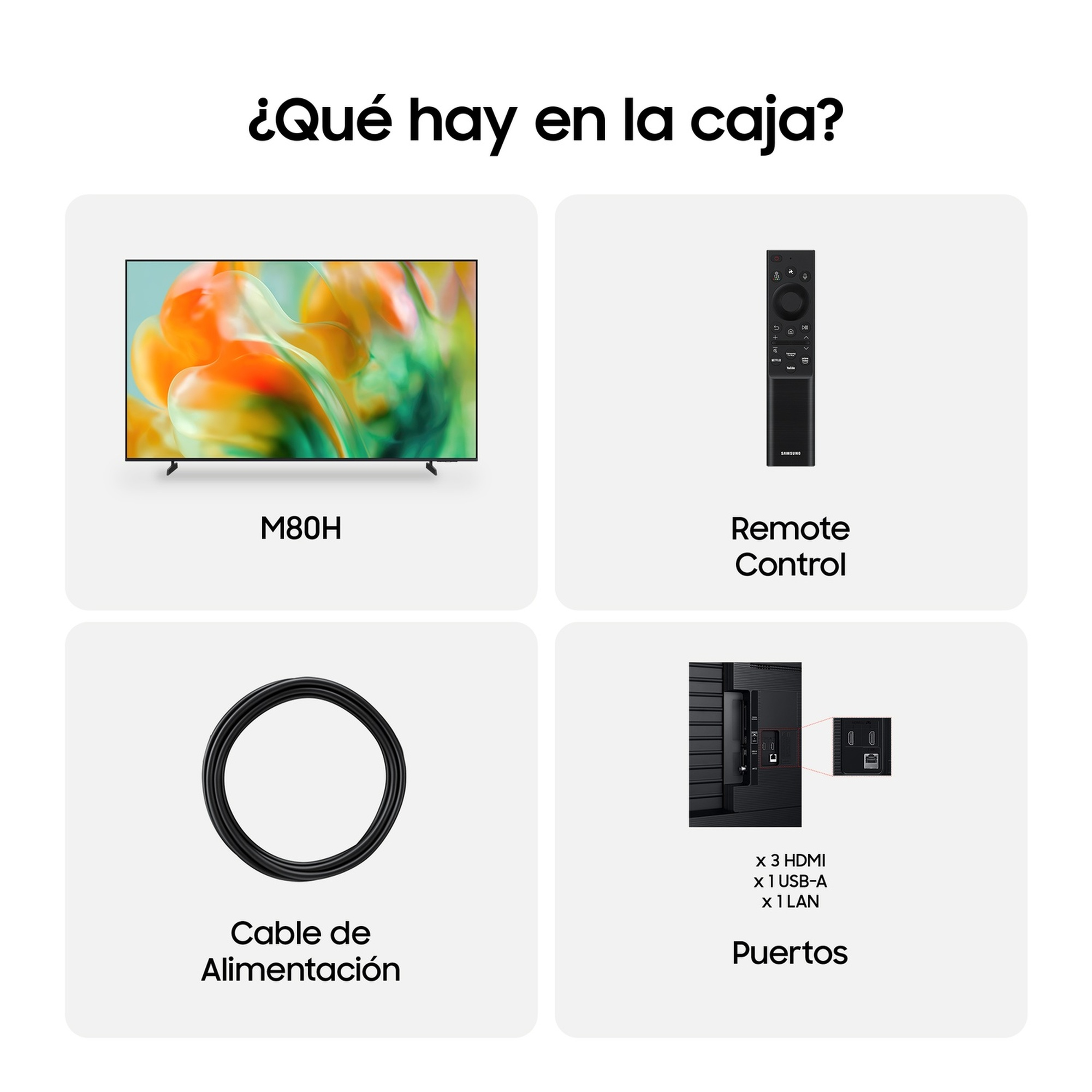 ¿Qué hay en la caja?. M80H. Remote Control. Cable de Alimentación. Puertos: x 3 HDMI, x 1 USB-A, x 1 LAN..
