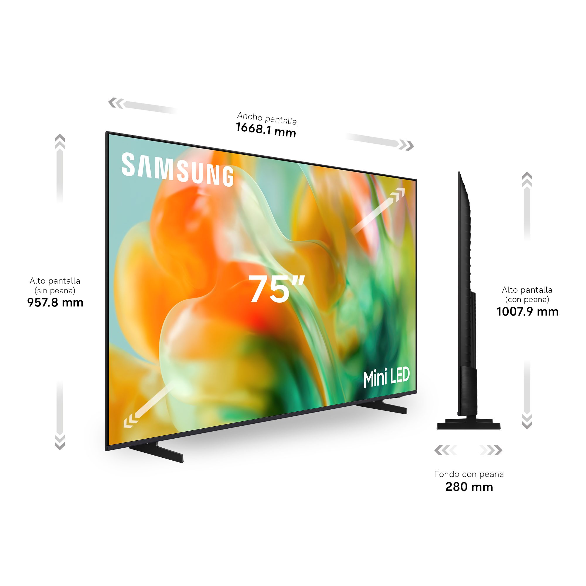 Samsung 75" Mini LED. Ancho pantalla: 1668.1 mm. Alto pantalla (sin peana): 957.8 mm. Alto pantalla (con peana): 1007.9 mm. Fondo con peana: 280 mm.