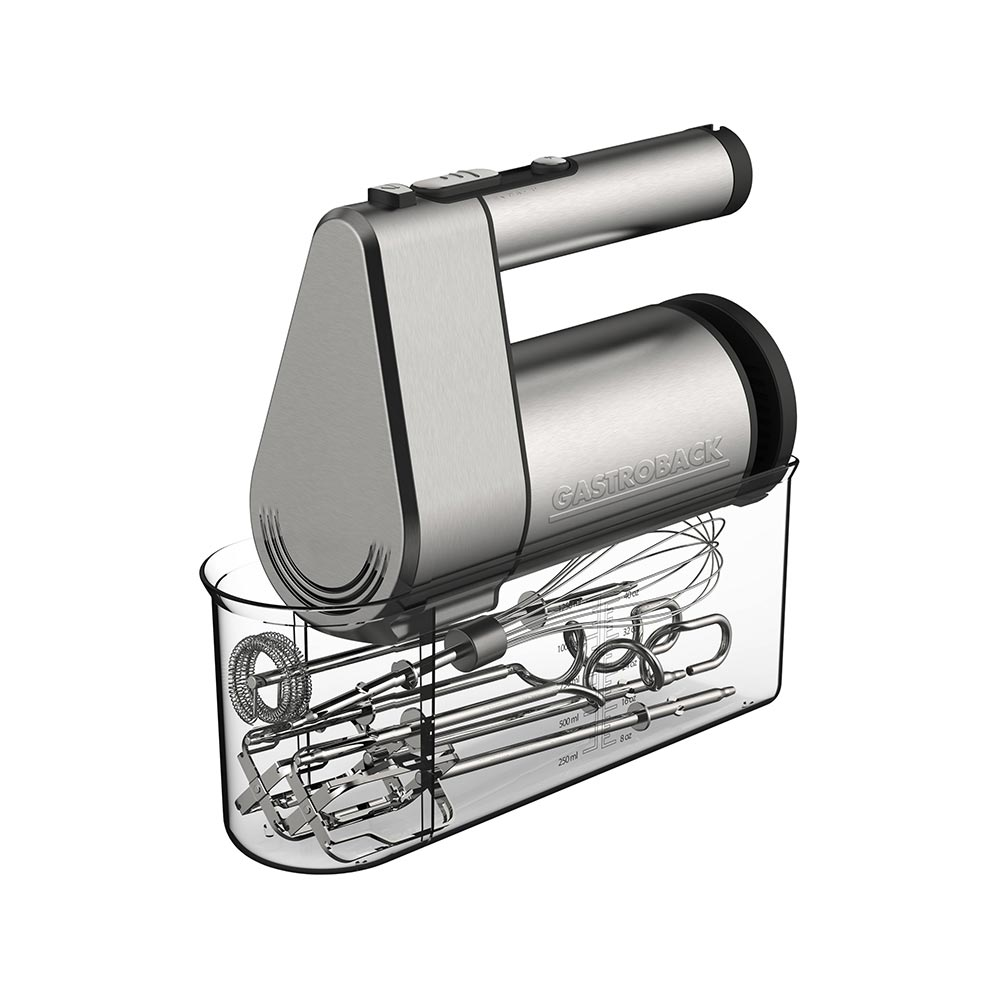 Edelstahl-Handmixer mit Rührbesen und Knethaken in durchsichtigem Behälter.