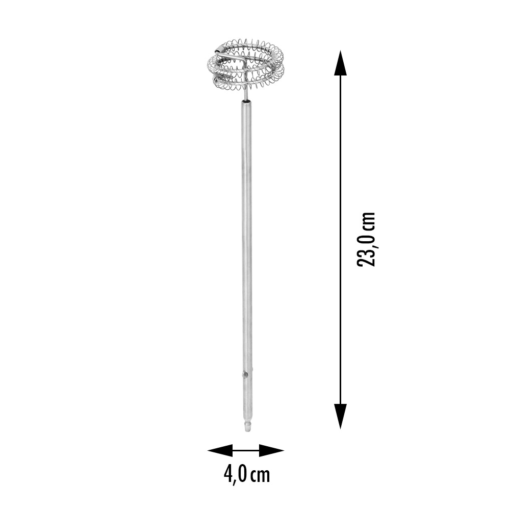Ein silberner Milchaufschäumer-Aufsatz mit Spiral-Schneebesen, 23 cm lang.