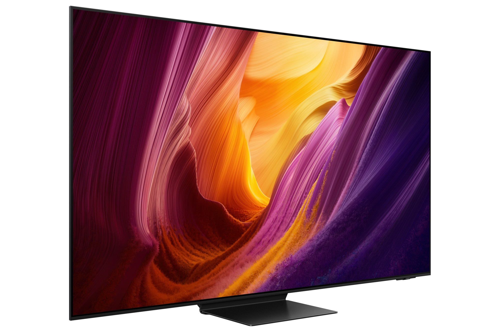 Un televisor moderno con un salvapantallas abstracto y colorido. Bisel oscuro.