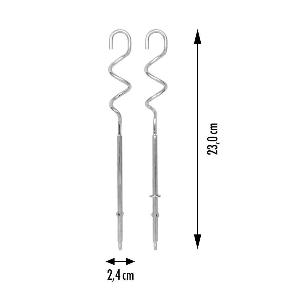 Zwei spiralförmige Metall-Rührbesen mit Haken oben und Maßen.