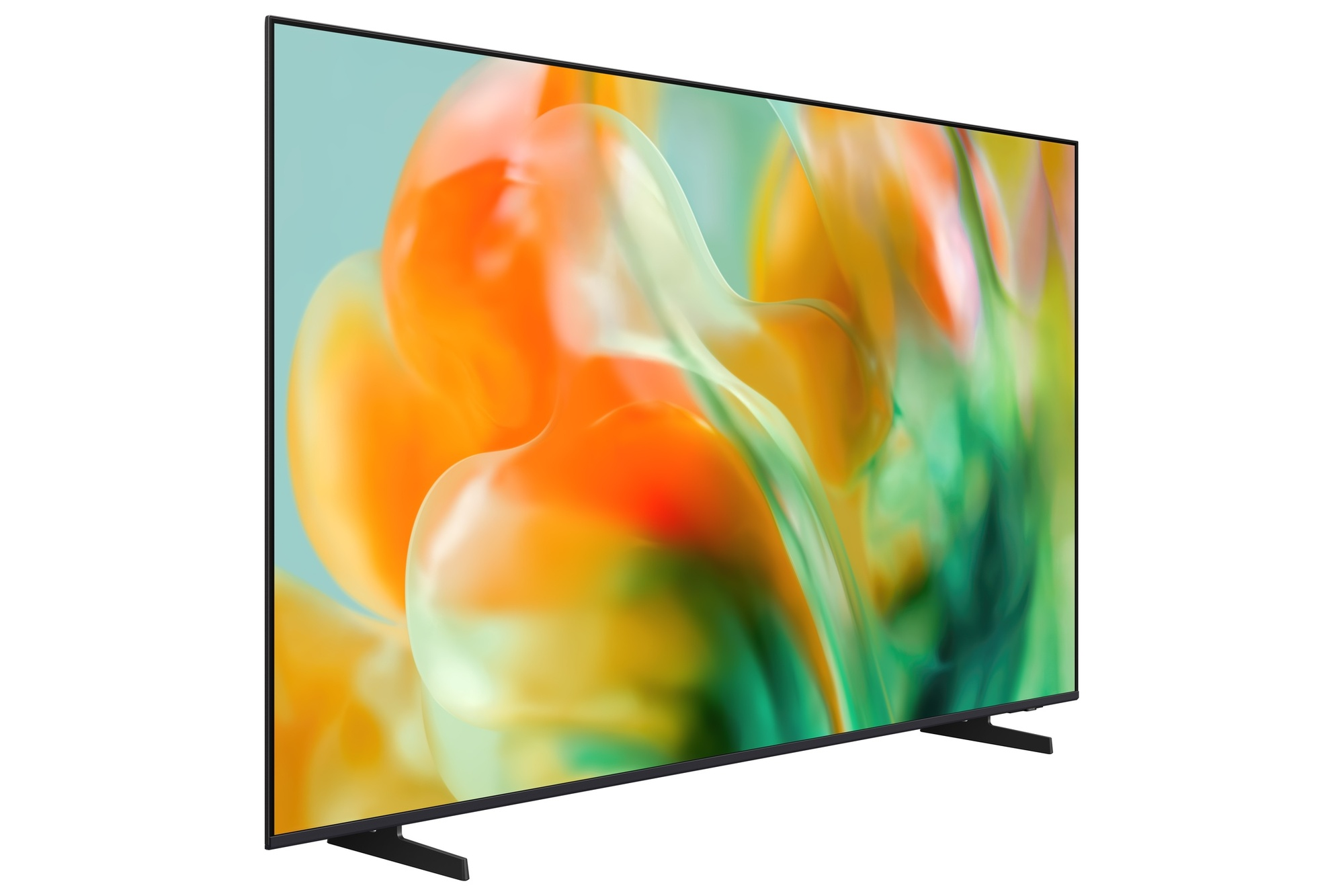 Un televisor negro moderno que muestra una imagen de fondo abstracta y colorida.